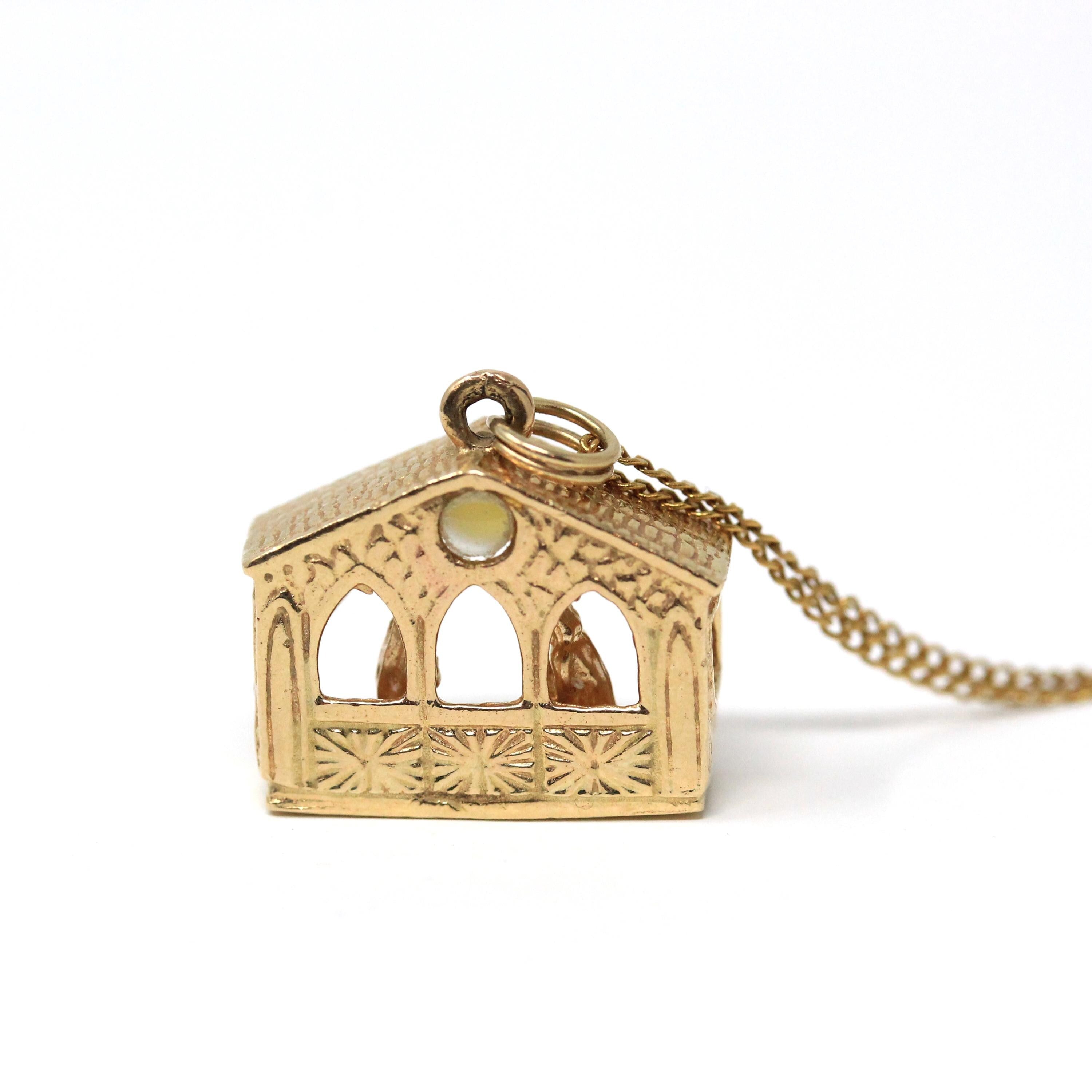 Lord's Prayer Manger Charm - Modern Era 14k Yellow Gold Stable Pendant & Viewing Window - Estate Circa 1990s Era Christianity Fine Jewelry