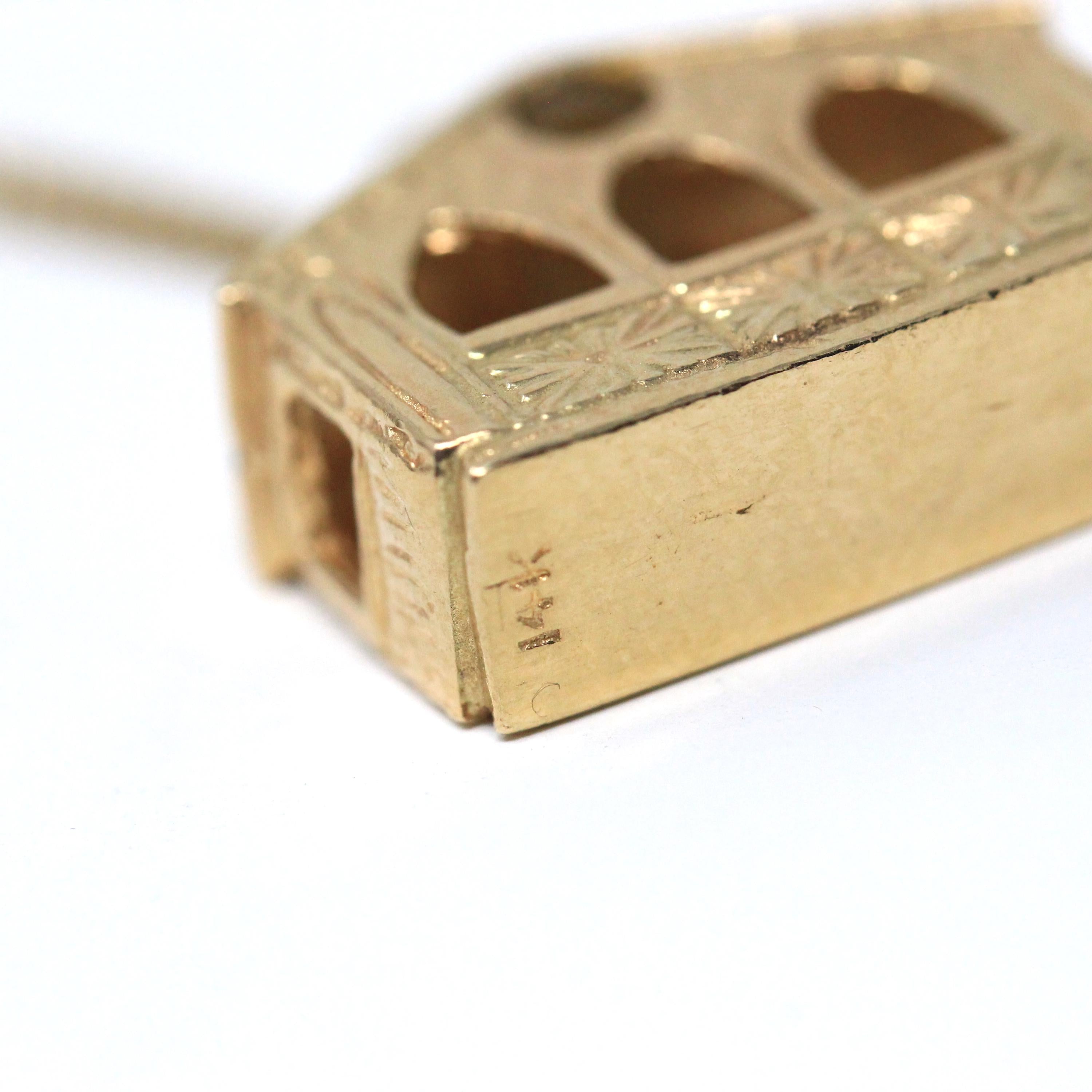 Lord's Prayer Manger Charm - Modern Era 14k Yellow Gold Stable Pendant & Viewing Window - Estate Circa 1990s Era Christianity Fine Jewelry