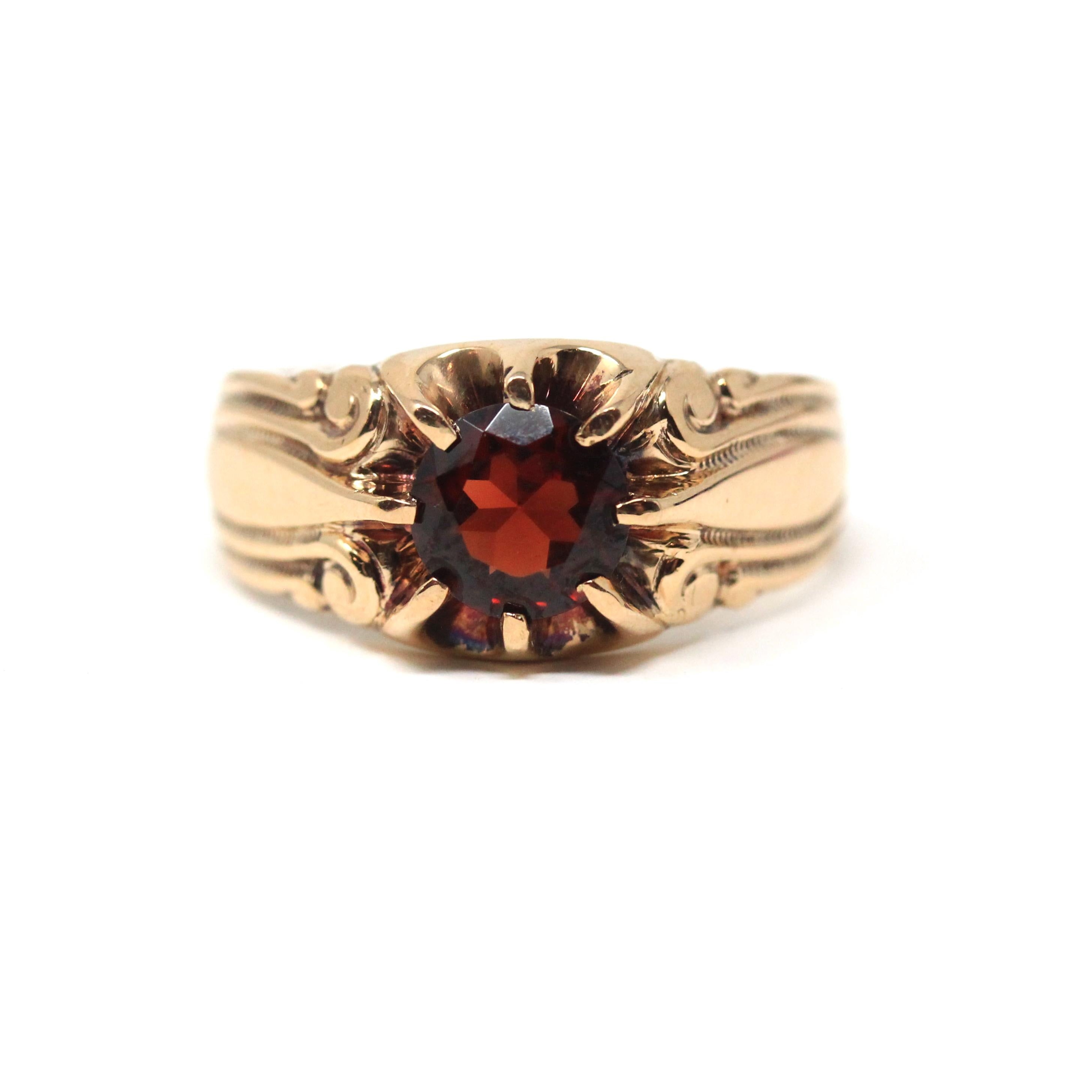 Ostby & Barton Garnet Ring - Retro 10k Yellow Gold Natural Red Gemstone - Vintage Circa 1940s Size 8 1/4 Solitaire Men's Unisex Fine Jewelry