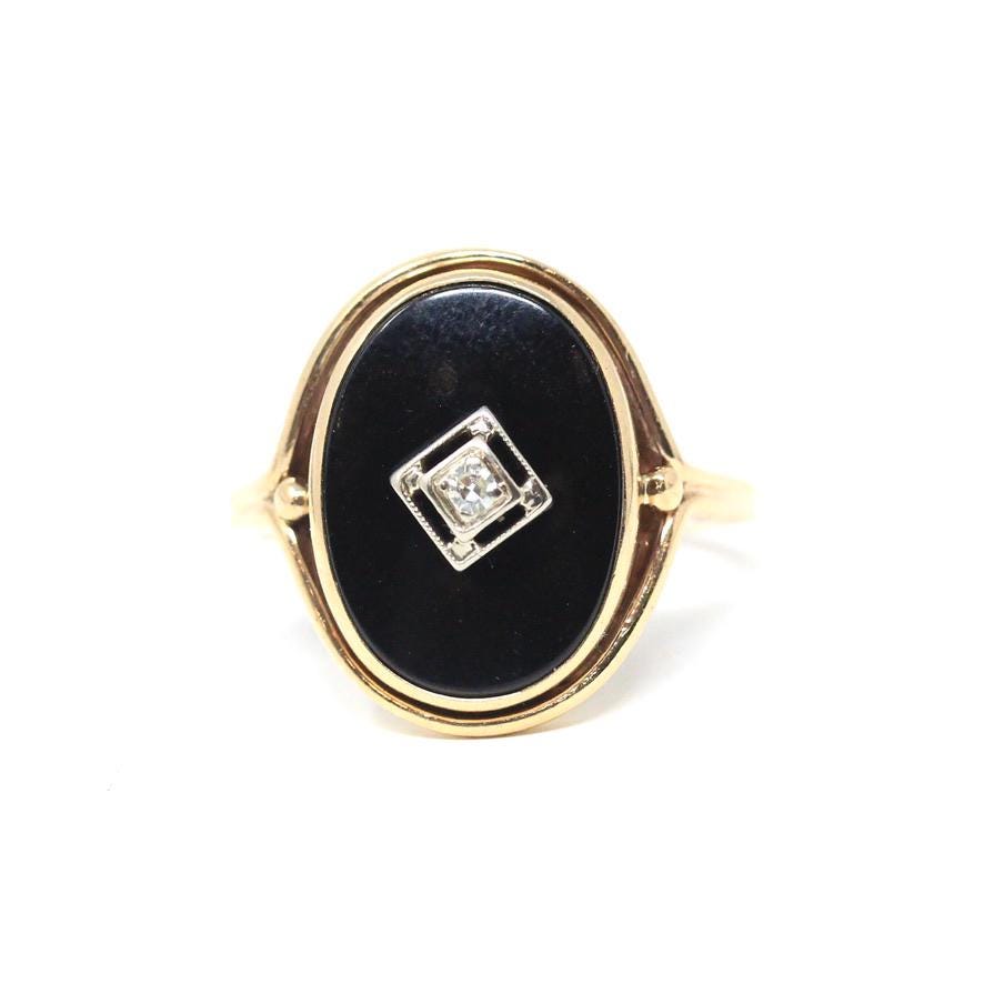 Art Deco Onyx Ring - Vintage 14k Yellow Gold Oval Black Chalcedony & Natural Diamond - Circa 1930s Era Size 7 3/4 Fine Statement Jewelry