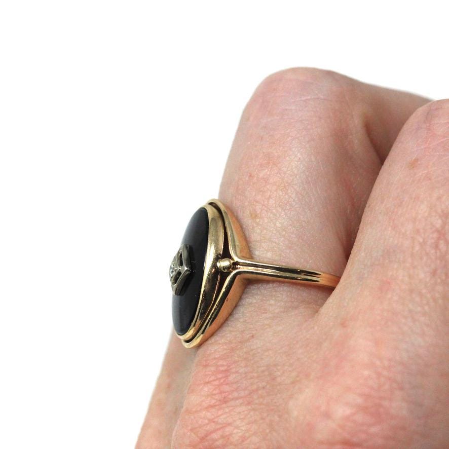 Art Deco Onyx Ring - Vintage 14k Yellow Gold Oval Black Chalcedony & Natural Diamond - Circa 1930s Era Size 7 3/4 Fine Statement Jewelry