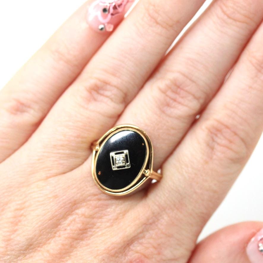 Art Deco Onyx Ring - Vintage 14k Yellow Gold Oval Black Chalcedony & Natural Diamond - Circa 1930s Era Size 7 3/4 Fine Statement Jewelry