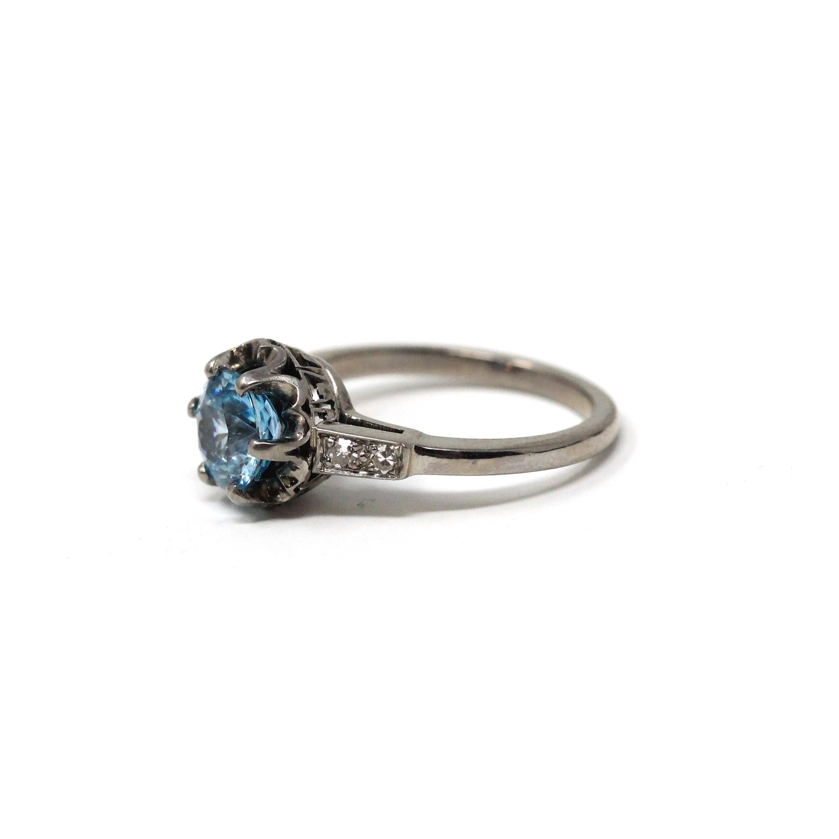 Mid Century Zircon Ring - Vintage 18k White Gold Natural Blue Gemstone Diamonds - Circa 1950s Size 5 Fine December Birthstone Bridal Jewelry