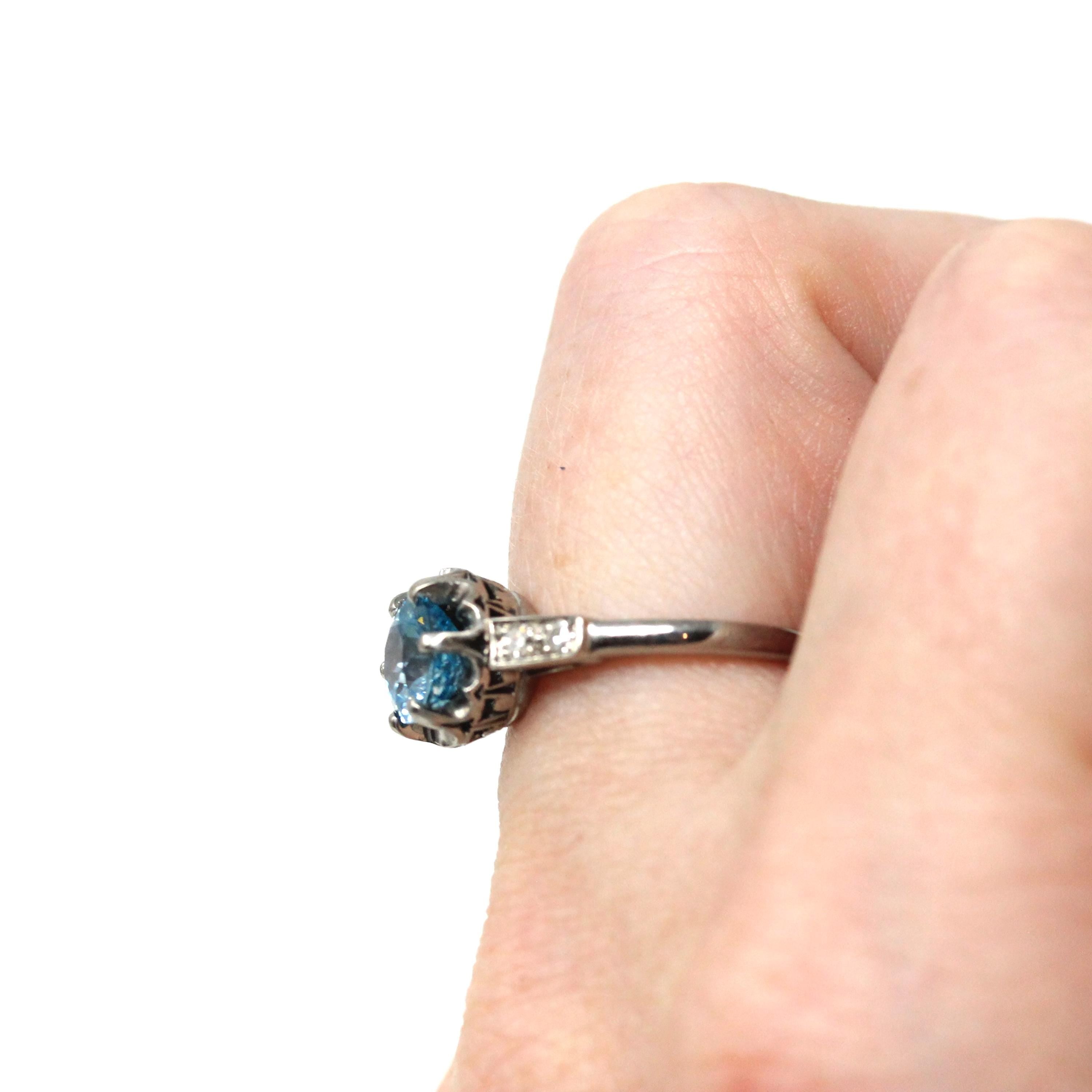 Mid Century Zircon Ring - Vintage 18k White Gold Natural Blue Gemstone Diamonds - Circa 1950s Size 5 Fine December Birthstone Bridal Jewelry