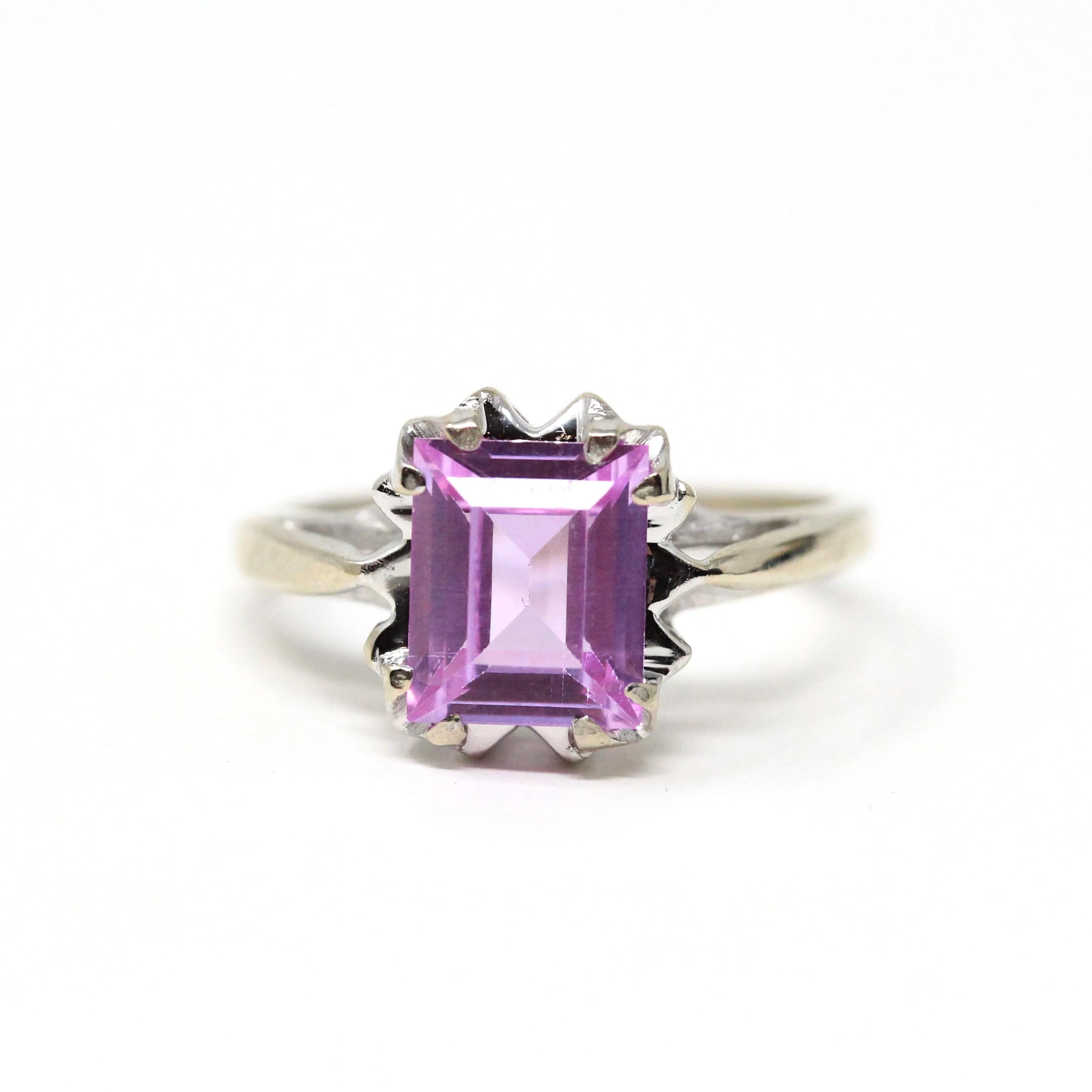 Created Sapphire Ring - Retro 10k White Gold Emerald Cut Pink Gemstone - Vintage Circa 1960s Size 6.5 New Old Stock Fine Statement Jewelry