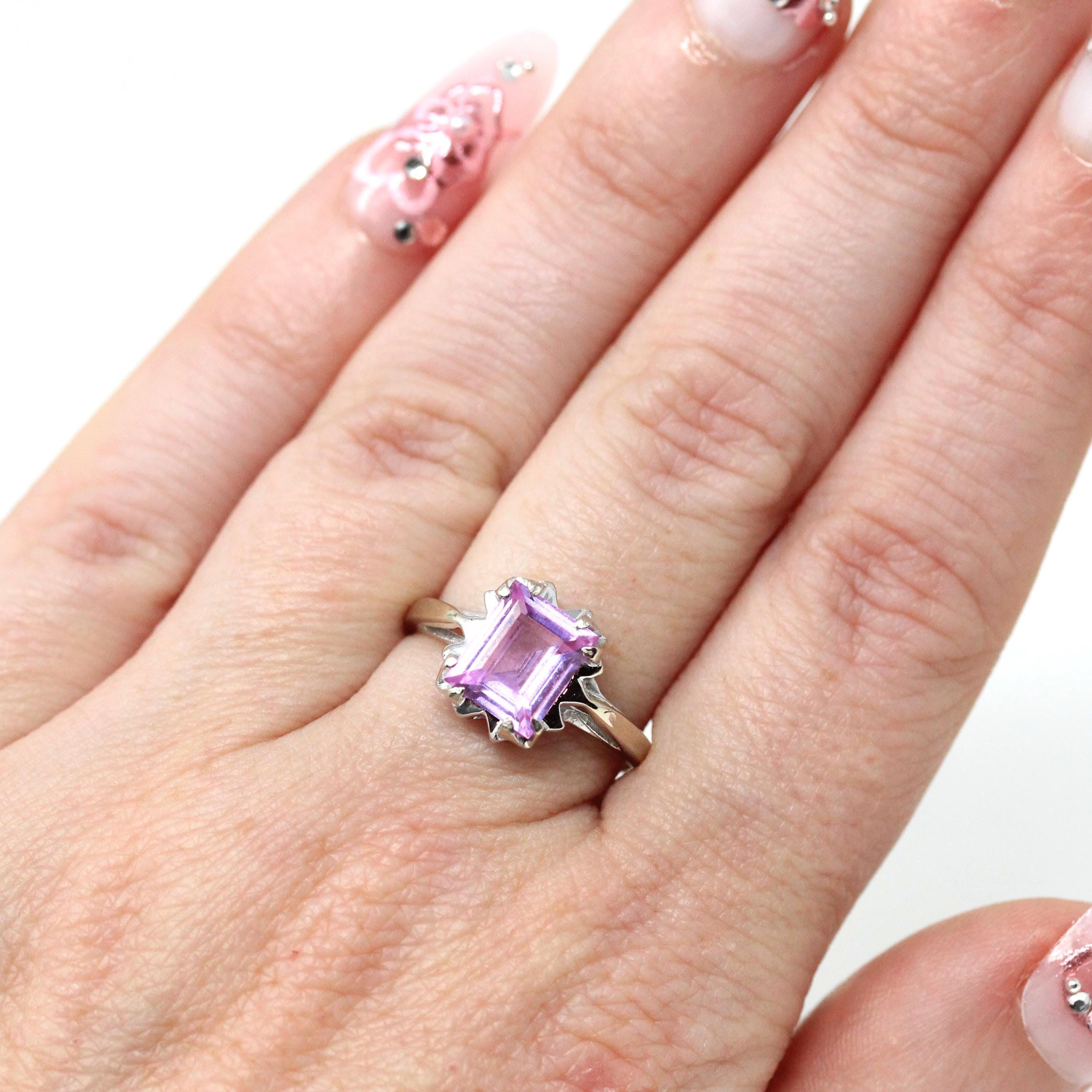 Created Sapphire Ring - Retro 10k White Gold Emerald Cut Pink Gemstone - Vintage Circa 1960s Size 6.5 New Old Stock Fine Statement Jewelry