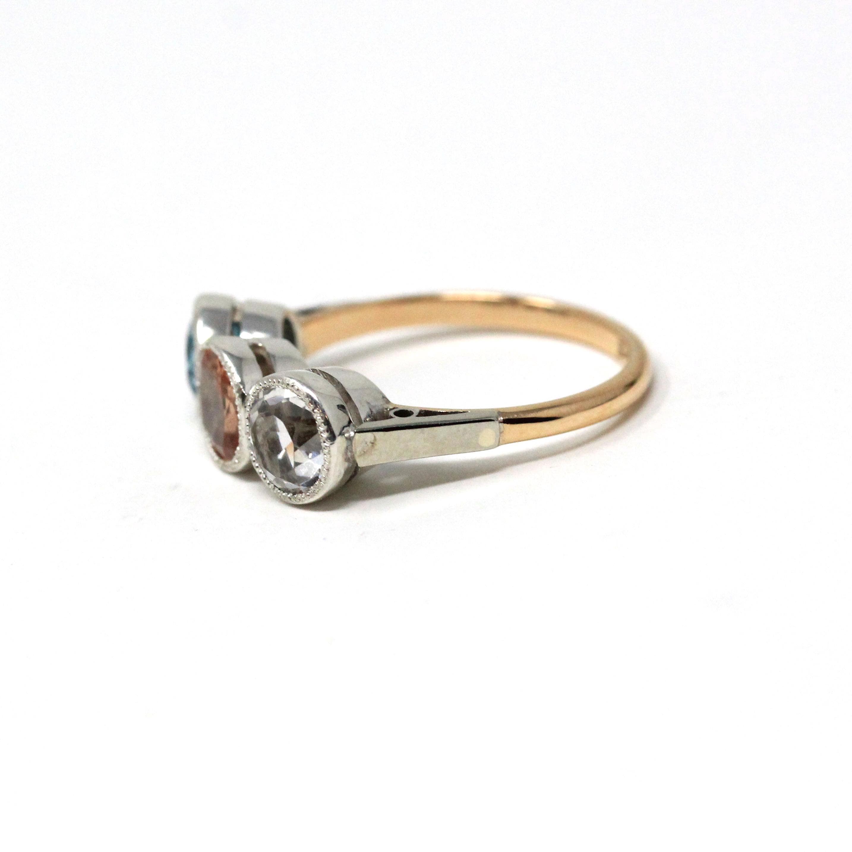 Antique Three Stone Ring - Handmade Victorian Era 9k Yellow Gold Sterling Silver Garnet Doublet Topaz Quartz - Vintage Size 8 Fine Jewelry