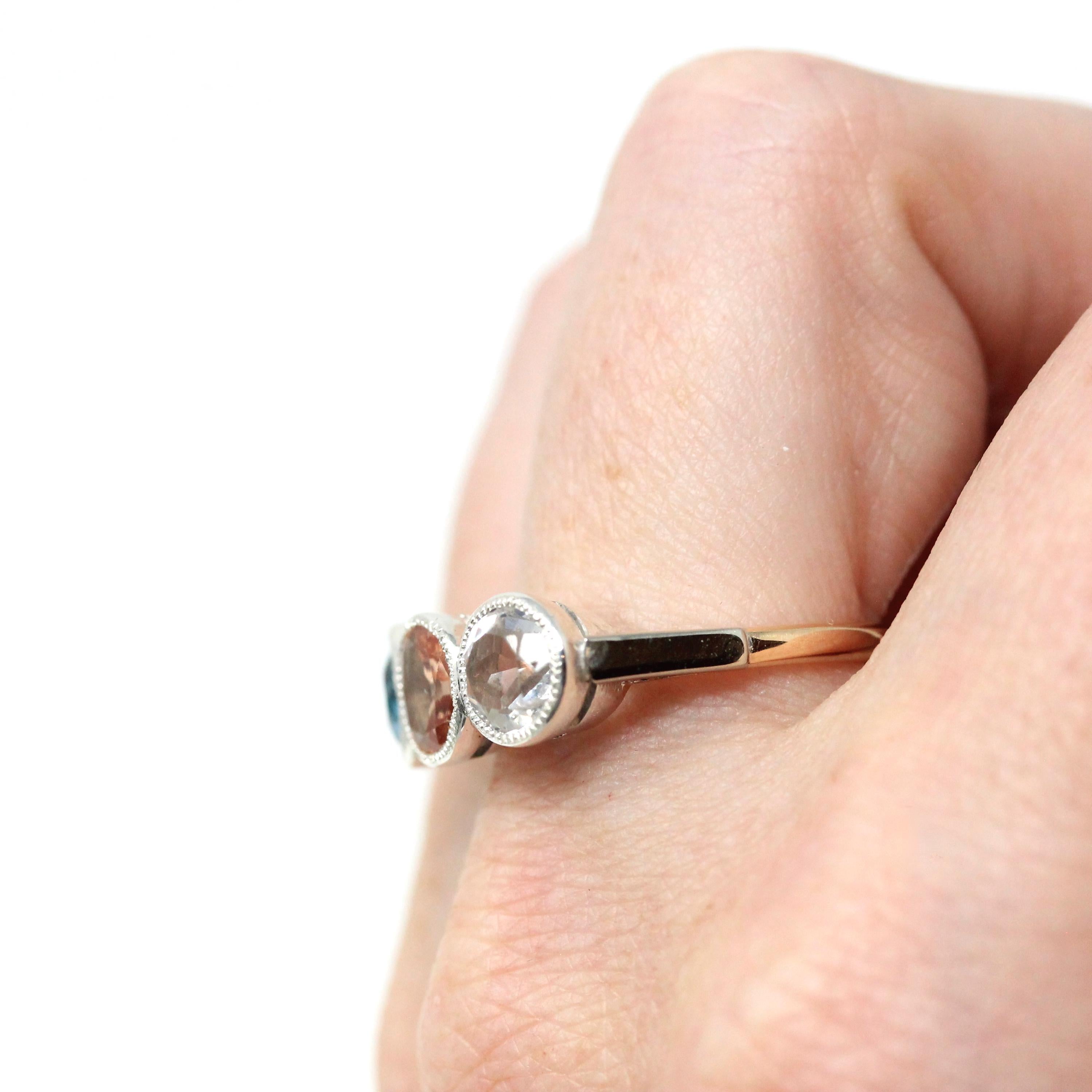 Antique Three Stone Ring - Handmade Victorian Era 9k Yellow Gold Sterling Silver Garnet Doublet Topaz Quartz - Vintage Size 8 Fine Jewelry