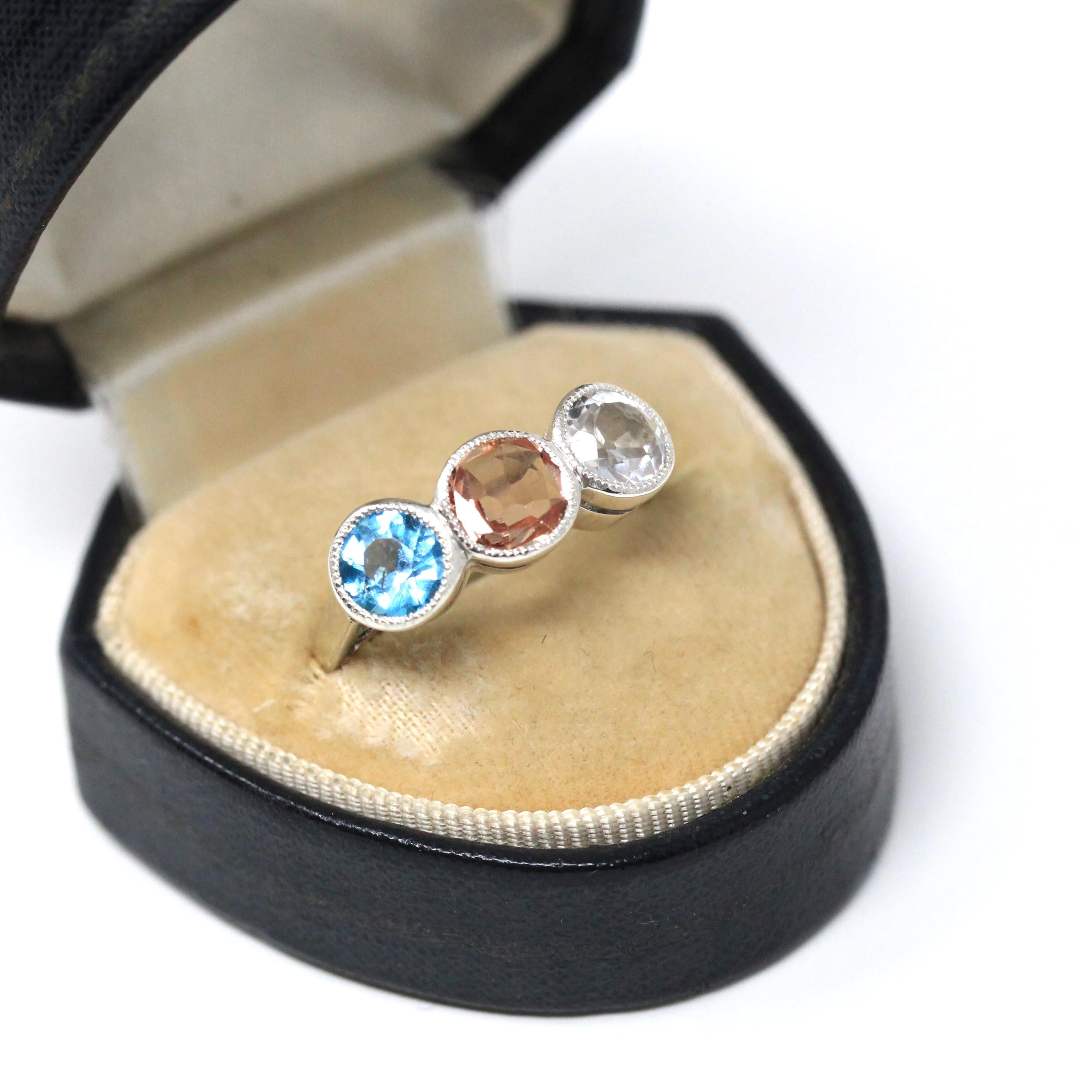 Antique Three Stone Ring - Handmade Victorian Era 9k Yellow Gold Sterling Silver Garnet Doublet Topaz Quartz - Vintage Size 8 Fine Jewelry