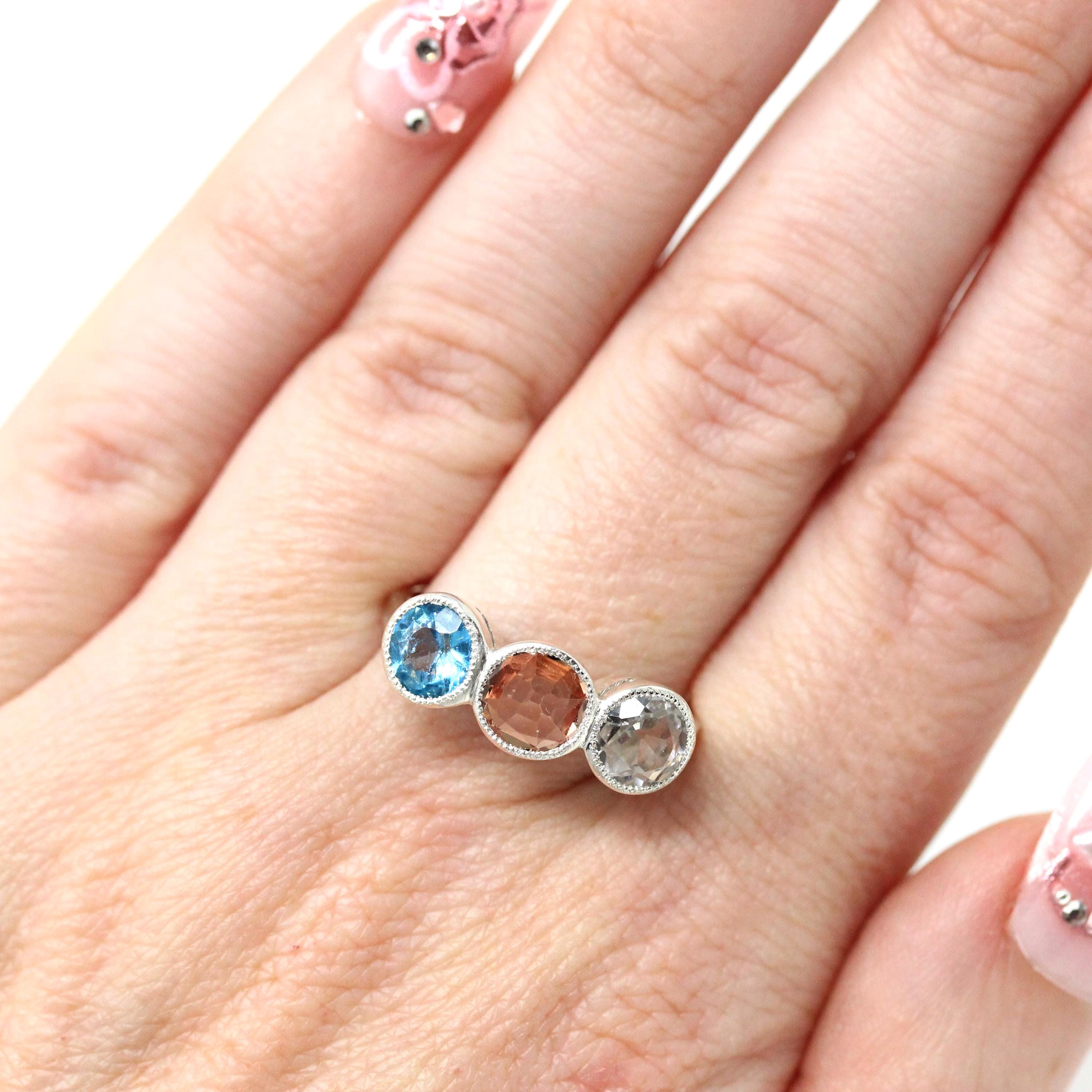 Antique Three Stone Ring - Handmade Victorian Era 9k Yellow Gold Sterling Silver Garnet Doublet Topaz Quartz - Vintage Size 8 Fine Jewelry