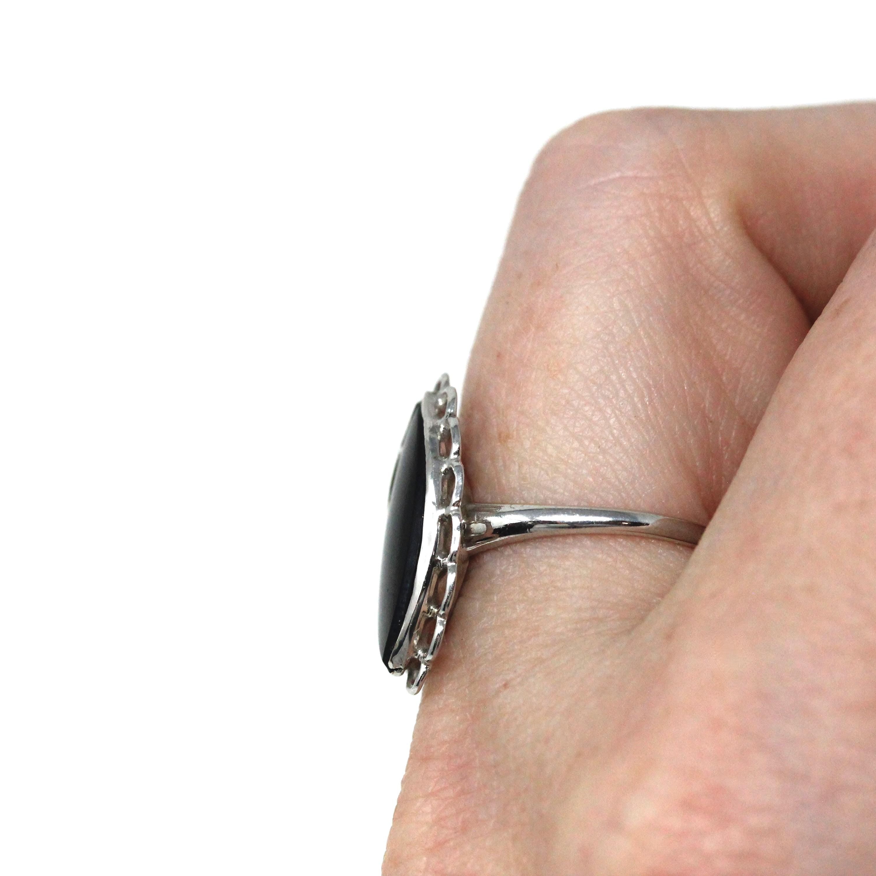 Onyx Navette Ring - Mid Century 10k White Gold Natural Black Chalcedony Gem Scalloped Halo - Vintage 1950s Size 6 Statement Fine 50s Jewelry