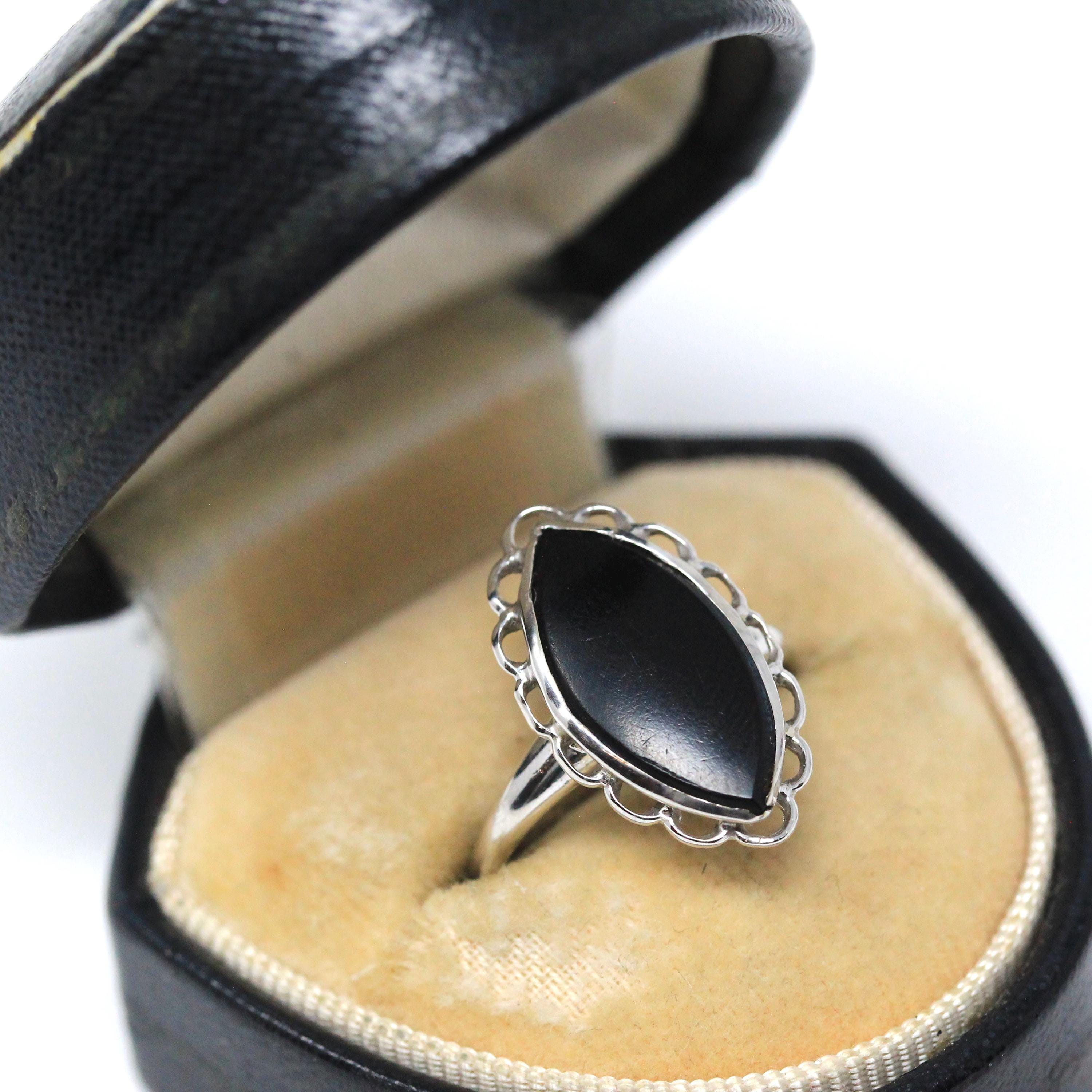 Onyx Navette Ring - Mid Century 10k White Gold Natural Black Chalcedony Gem Scalloped Halo - Vintage 1950s Size 6 Statement Fine 50s Jewelry