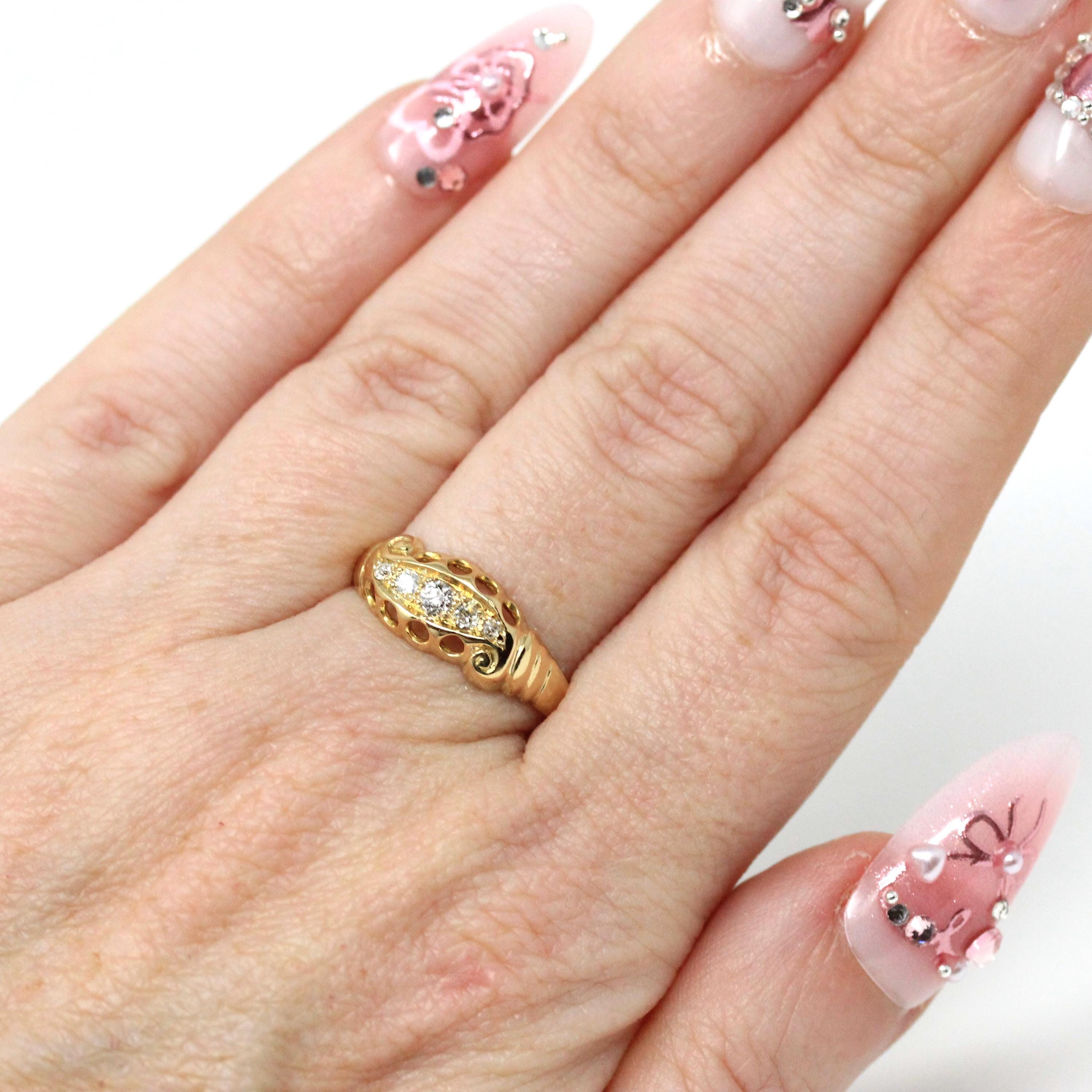 Antique Diamond Band - Edwardian 14k Yellow Gold Five Natural Gemstone Ring - Circa 1910s Era Size 6 1/2 Open Metal Fine Statement Jewelry