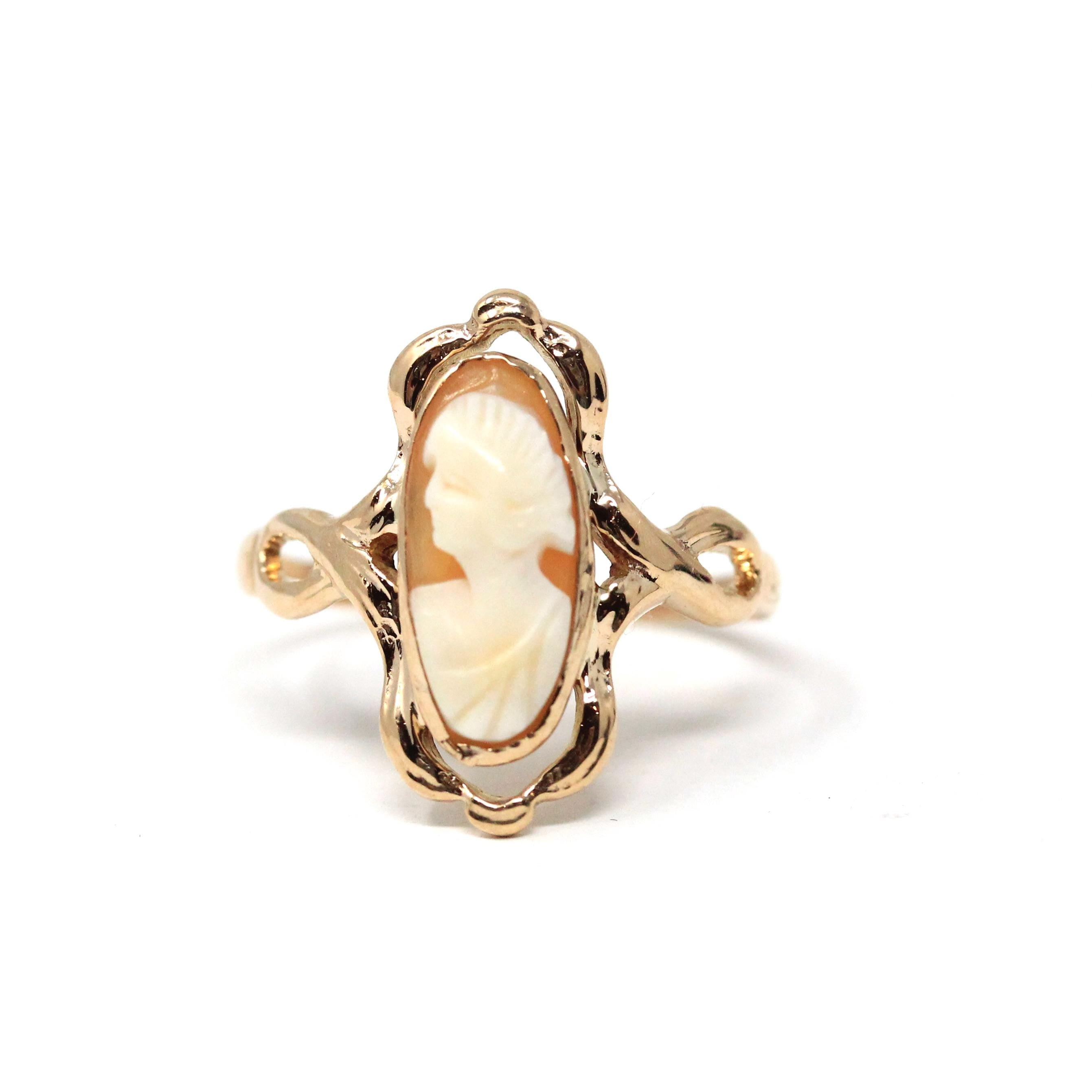 Art Nouveau Cameo Ring - Edwardian 10k Yellow Gold Carved Oval Shell Woman Profile - Circa 1910s Size 6 1/2 Shield Fine Statement Jewelry