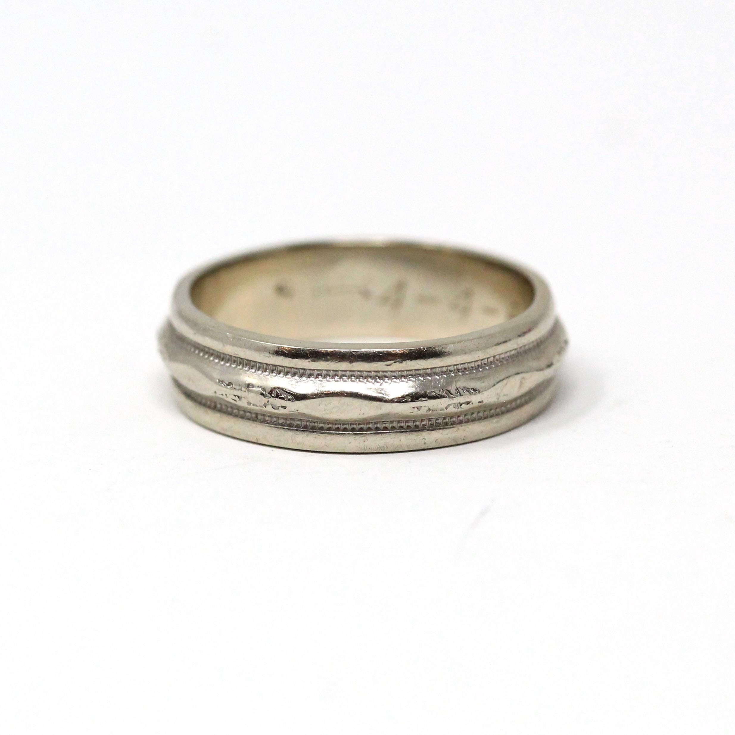 Dated 1964 Band - Retro 14k White Gold Milgrain Orange Blossom Eternity Wedding Ring - Vintage Size 5 1/2 Engraved Fine Statement Jewelry