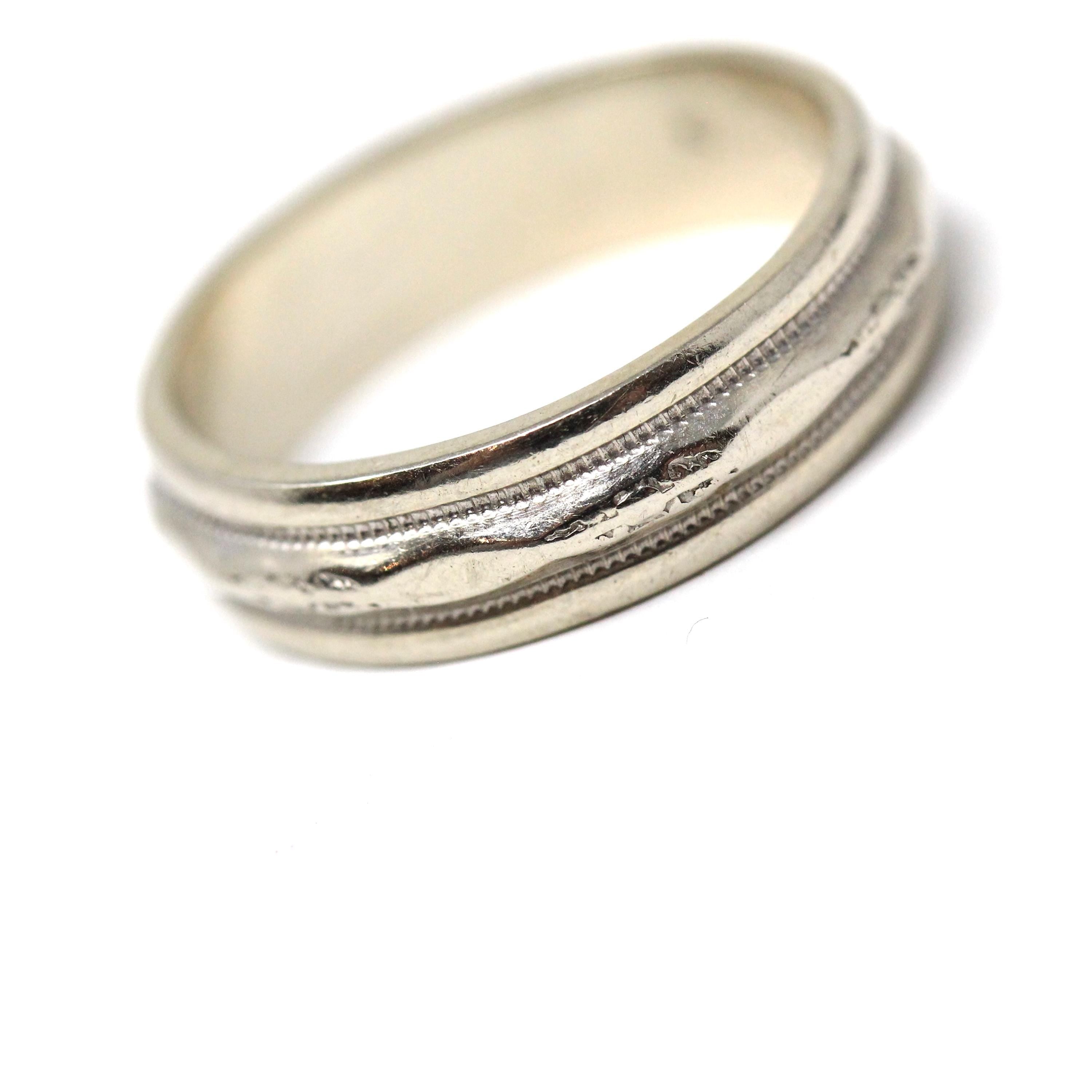 Dated 1964 Band - Retro 14k White Gold Milgrain Orange Blossom Eternity Wedding Ring - Vintage Size 5 1/2 Engraved Fine Statement Jewelry