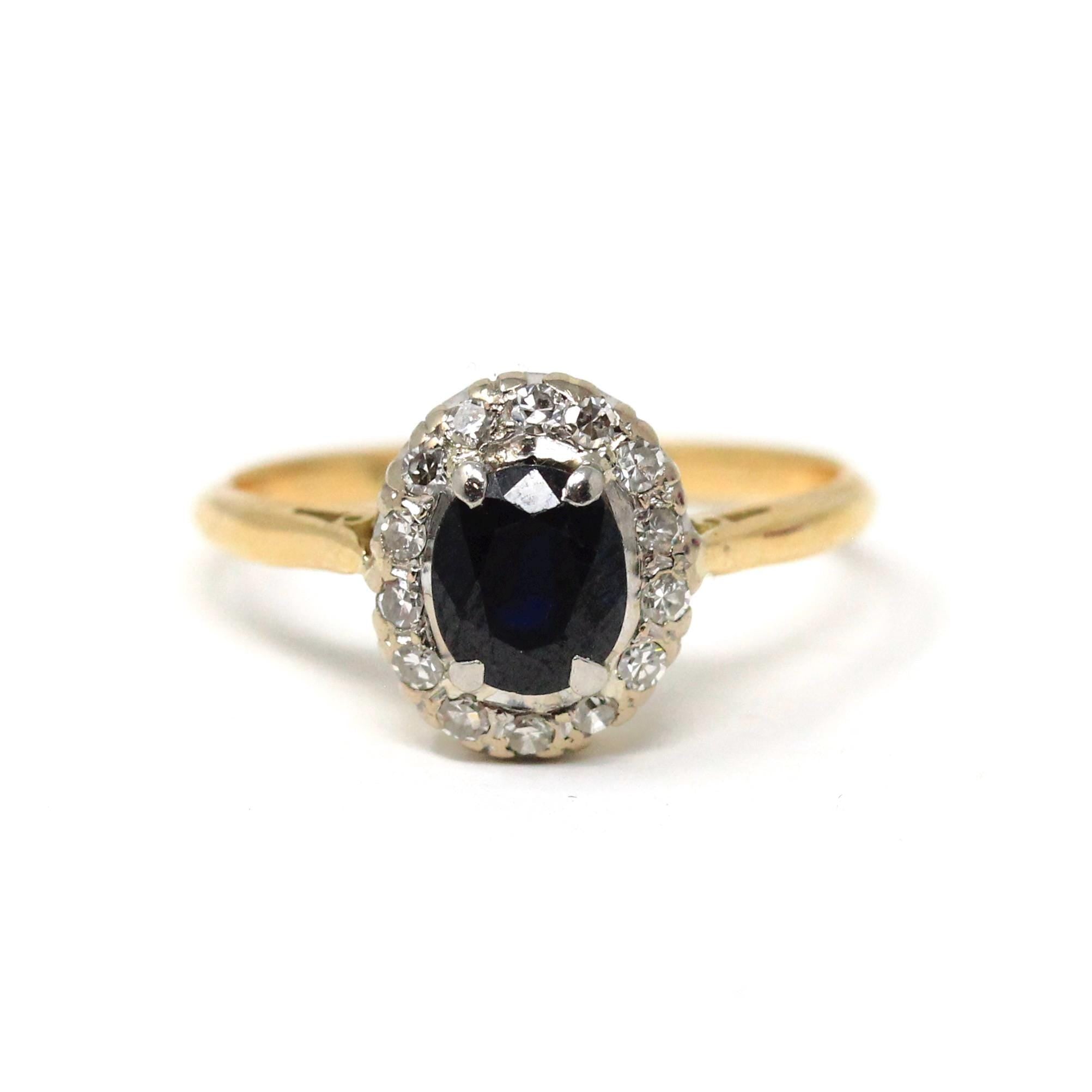 Sapphire Halo Ring - Mid Century 18K Yellow Gold & Platinum Oval Diamond Cluster - Vintage Circa 1950s Era Size 7.25 Engagement Fine Jewelry