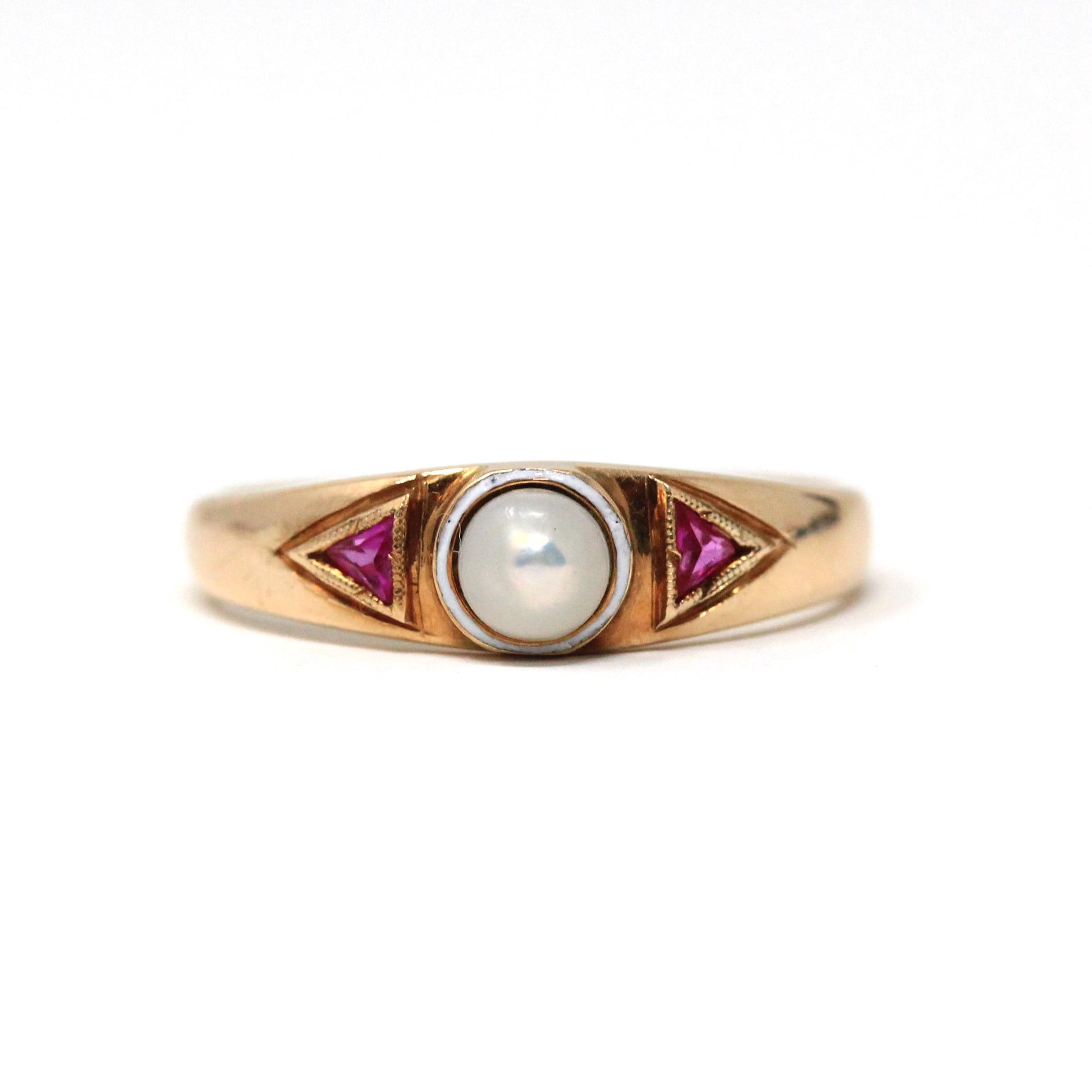 Cultured Pearl Ring - Mid Century 14k Yellow Gold Created Rubies Gemstones - Vintage Circa 1940s Era Size 10 Enamel Fine Statement Jewelry