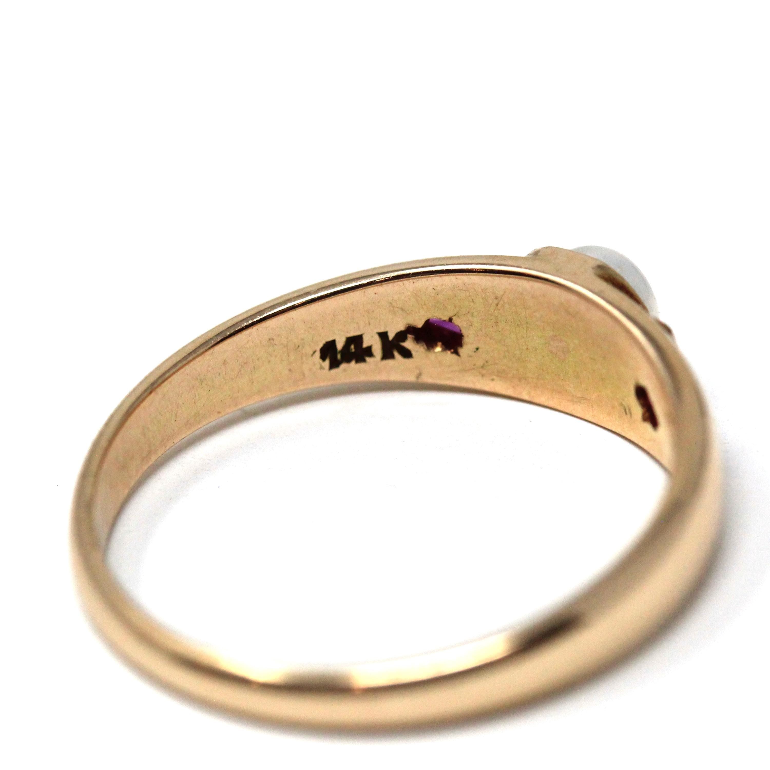 Cultured Pearl Ring - Mid Century 14k Yellow Gold Created Rubies Gemstones - Vintage Circa 1940s Era Size 10 Enamel Fine Statement Jewelry