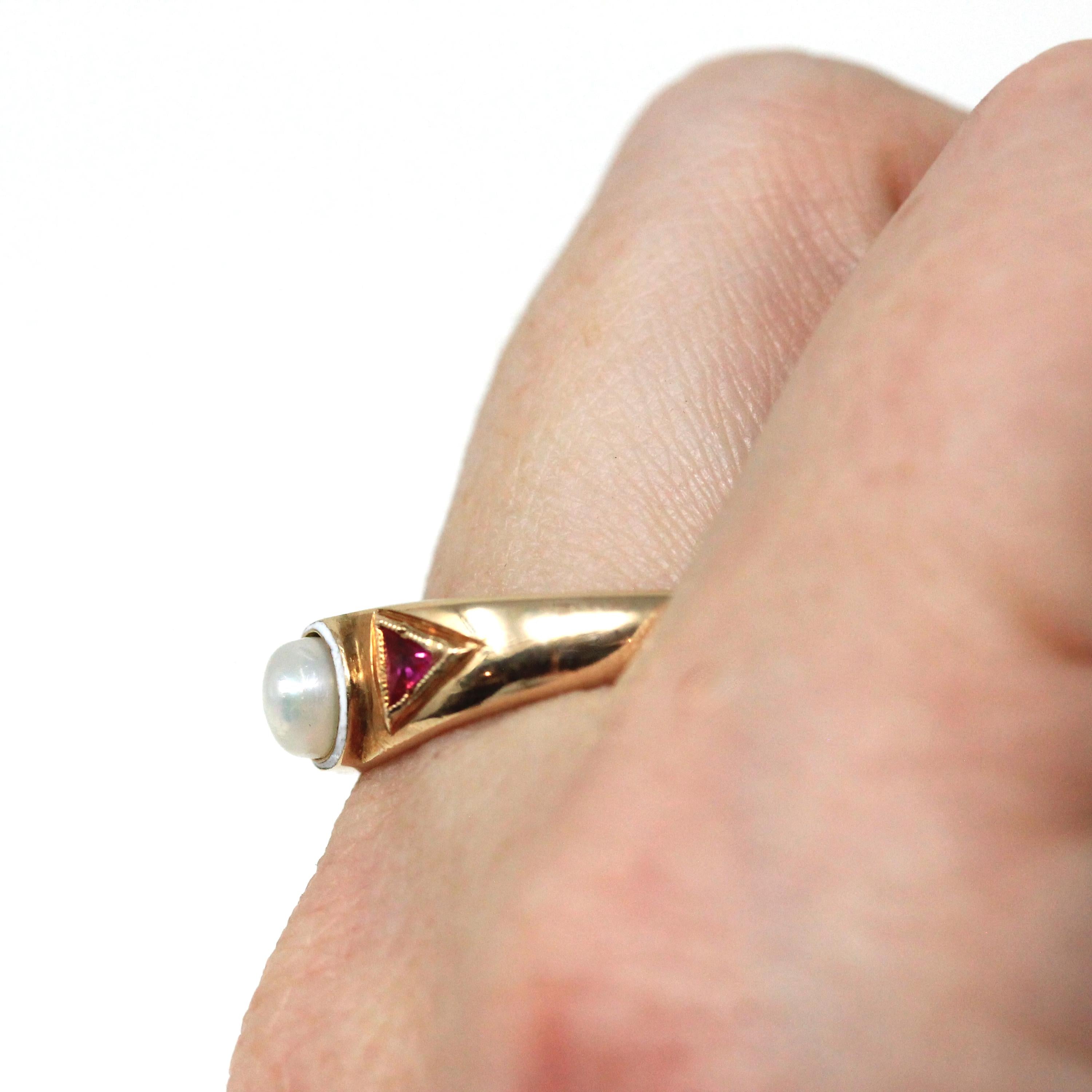 Cultured Pearl Ring - Mid Century 14k Yellow Gold Created Rubies Gemstones - Vintage Circa 1940s Era Size 10 Enamel Fine Statement Jewelry