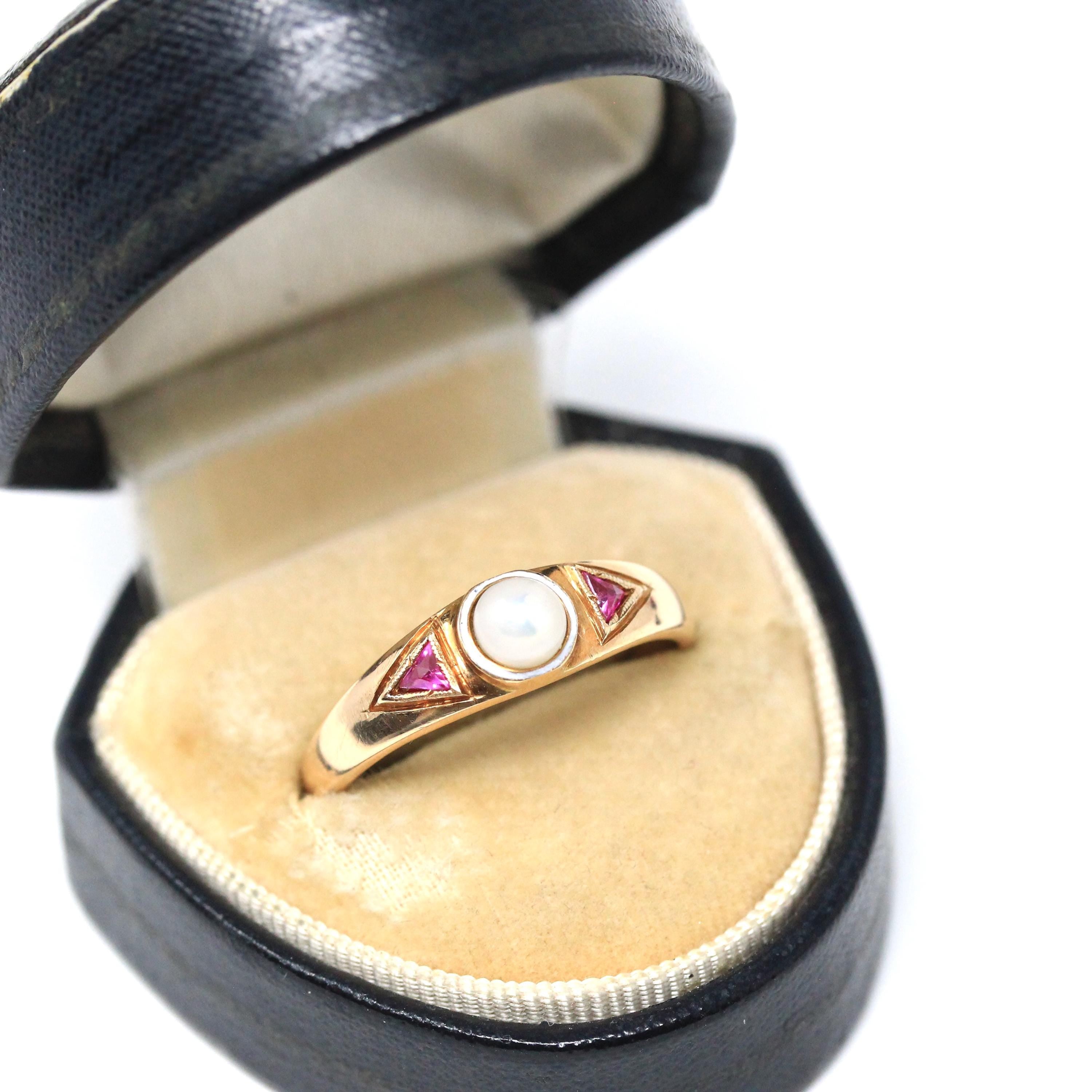 Cultured Pearl Ring - Mid Century 14k Yellow Gold Created Rubies Gemstones - Vintage Circa 1940s Era Size 10 Enamel Fine Statement Jewelry