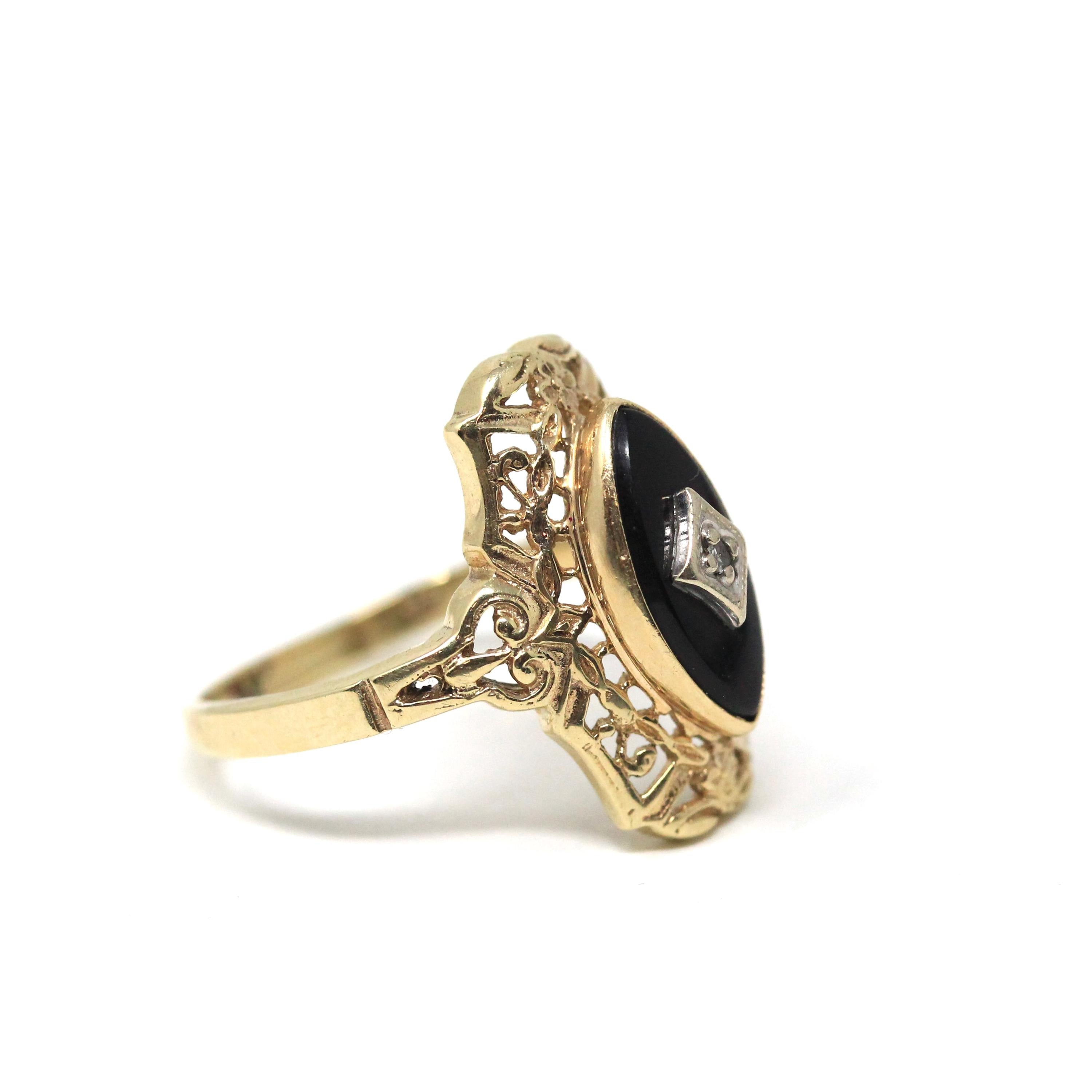 Onyx Filigree Ring - Mid Century 10k Yellow Gold Marquise Black Chalcedony Gem - Vintage Circa 1940s Era Size 6 Diamond Accent Fine Jewelry