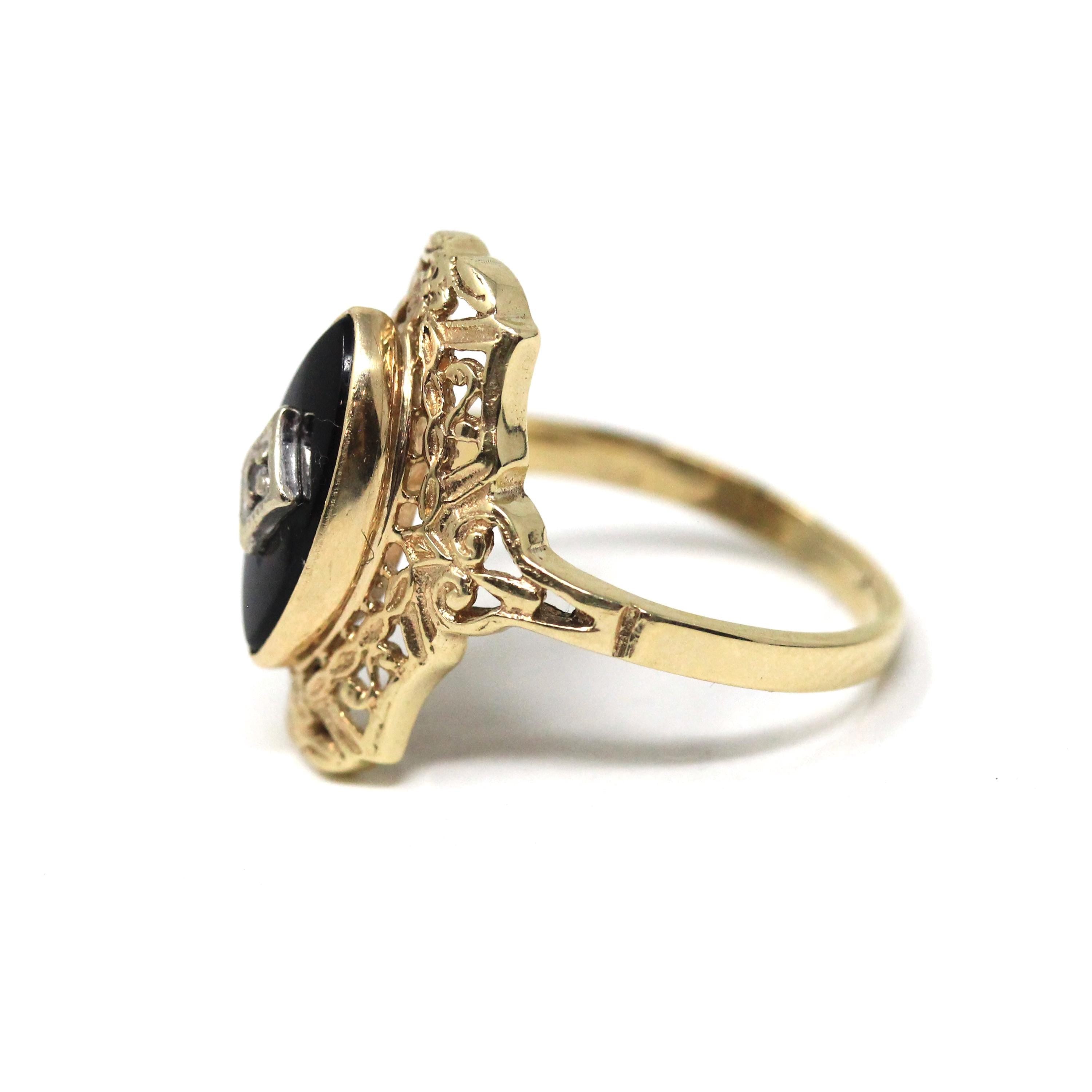 Onyx Filigree Ring - Mid Century 10k Yellow Gold Marquise Black Chalcedony Gem - Vintage Circa 1940s Era Size 6 Diamond Accent Fine Jewelry