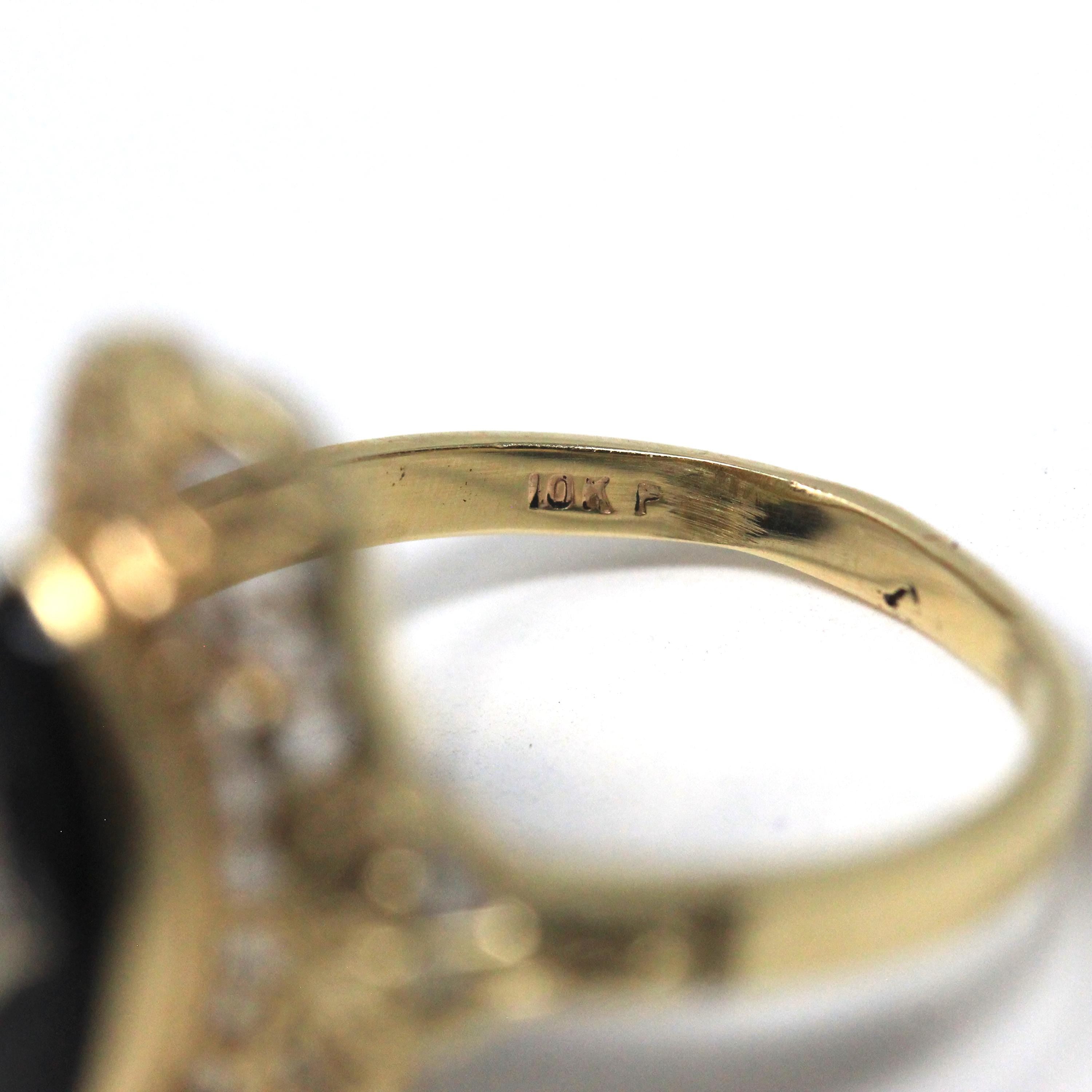 Onyx Filigree Ring - Mid Century 10k Yellow Gold Marquise Black Chalcedony Gem - Vintage Circa 1940s Era Size 6 Diamond Accent Fine Jewelry