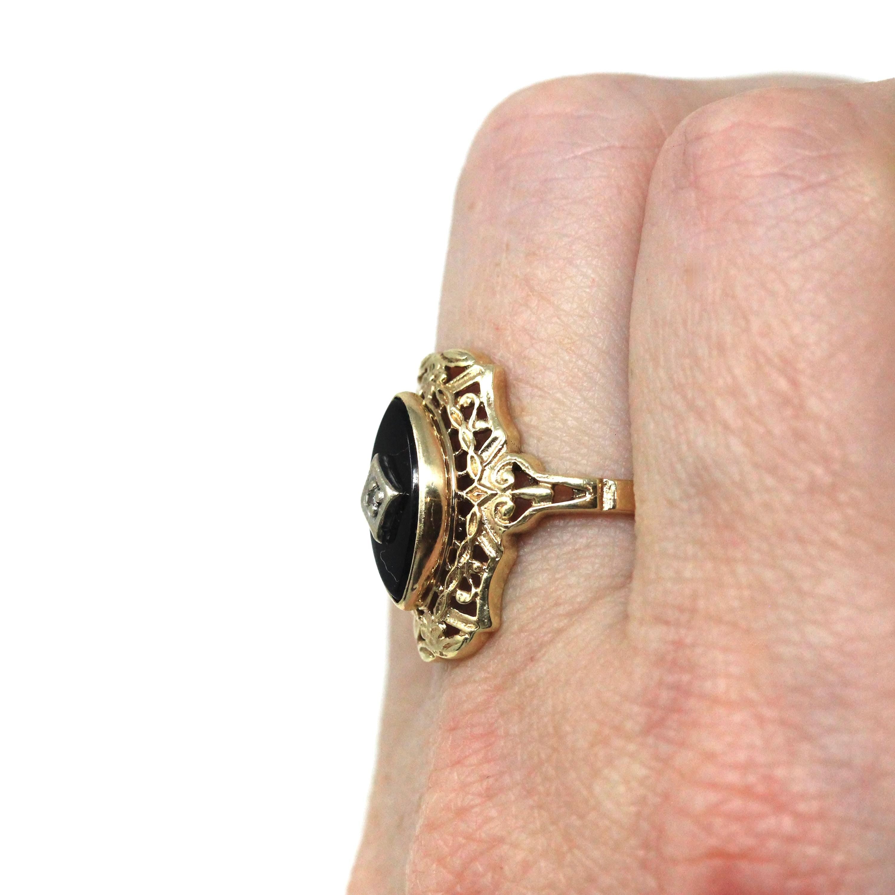Onyx Filigree Ring - Mid Century 10k Yellow Gold Marquise Black Chalcedony Gem - Vintage Circa 1940s Era Size 6 Diamond Accent Fine Jewelry