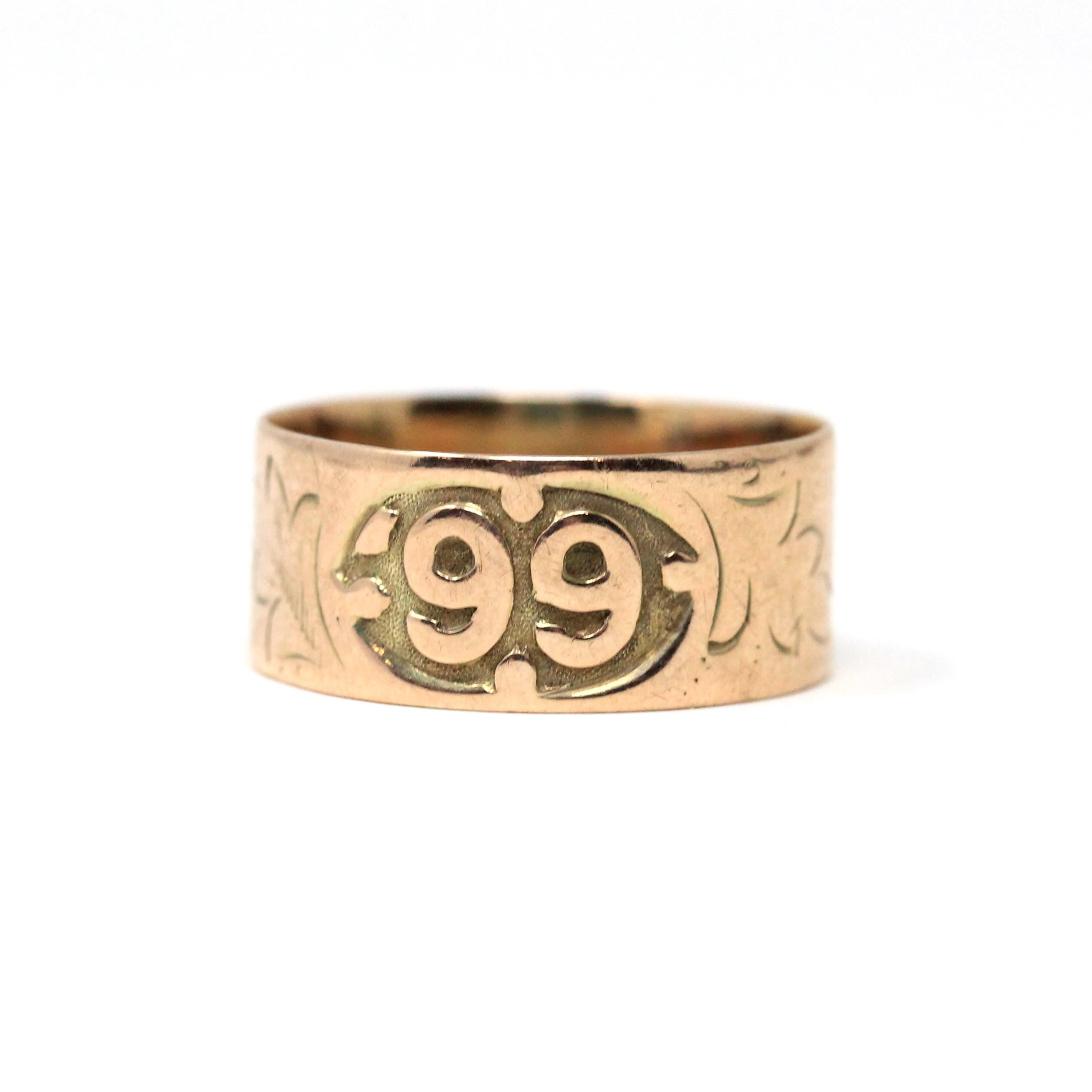 Antique Cigar Band - Victorian 10k Rosy Yellow Gold Dated 1899 Ivy Leaf Ring - Circa 1890s Era Size 7.75 Commencement Symbolism Fine Jewelry