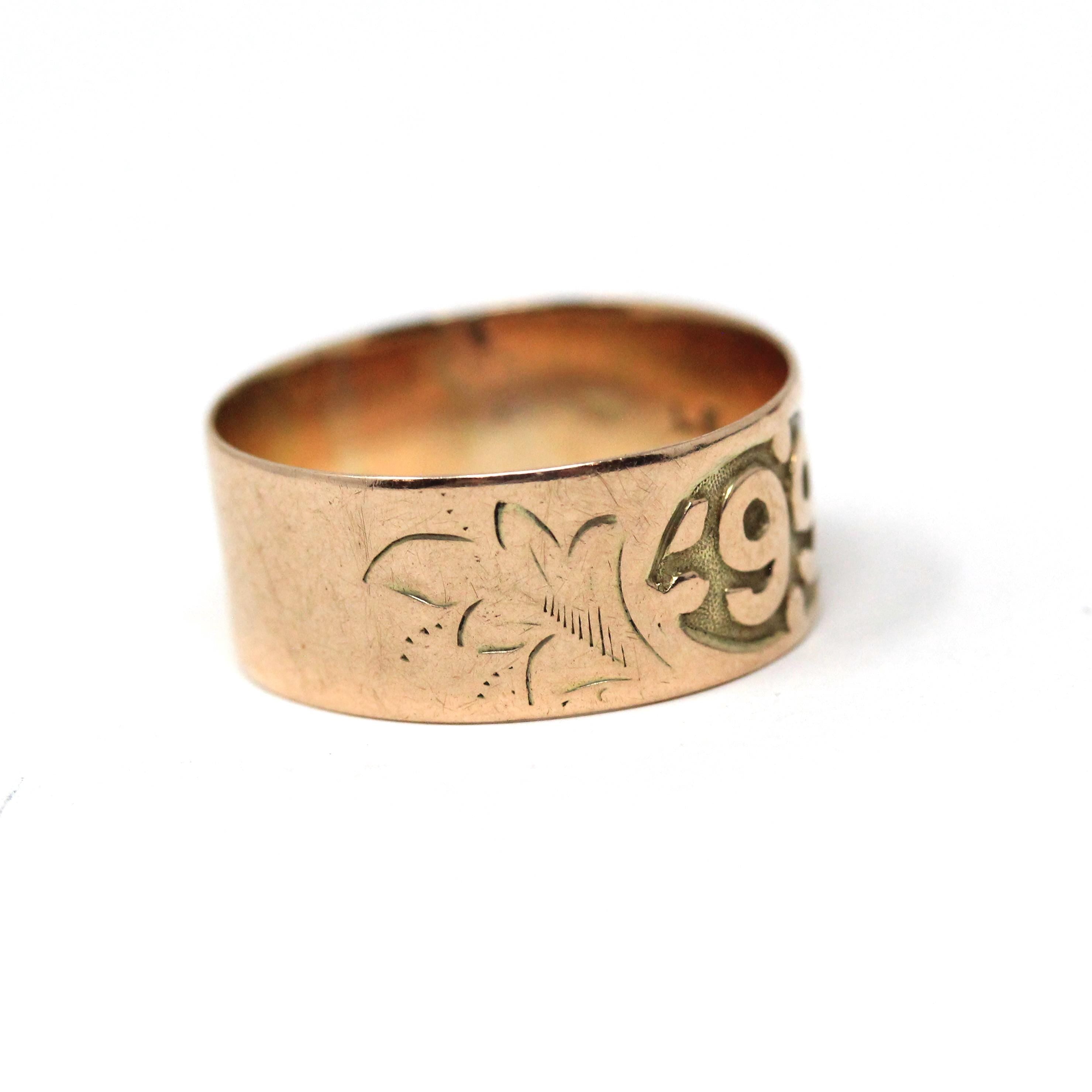 Antique Cigar Band - Victorian 10k Rosy Yellow Gold Dated 1899 Ivy Leaf Ring - Circa 1890s Era Size 7.75 Commencement Symbolism Fine Jewelry
