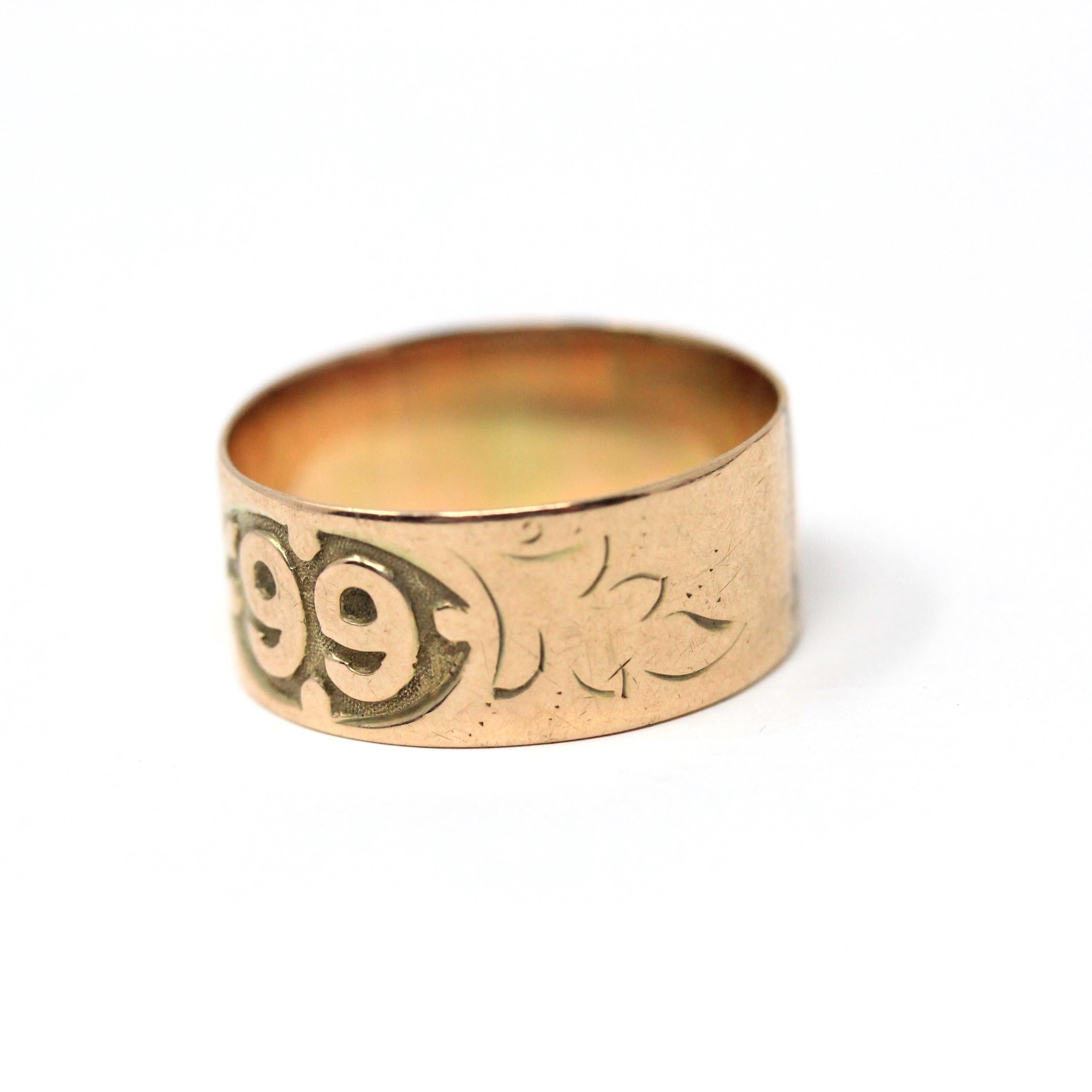 Antique Cigar Band - Victorian 10k Rosy Yellow Gold Dated 1899 Ivy Leaf Ring - Circa 1890s Era Size 7.75 Commencement Symbolism Fine Jewelry