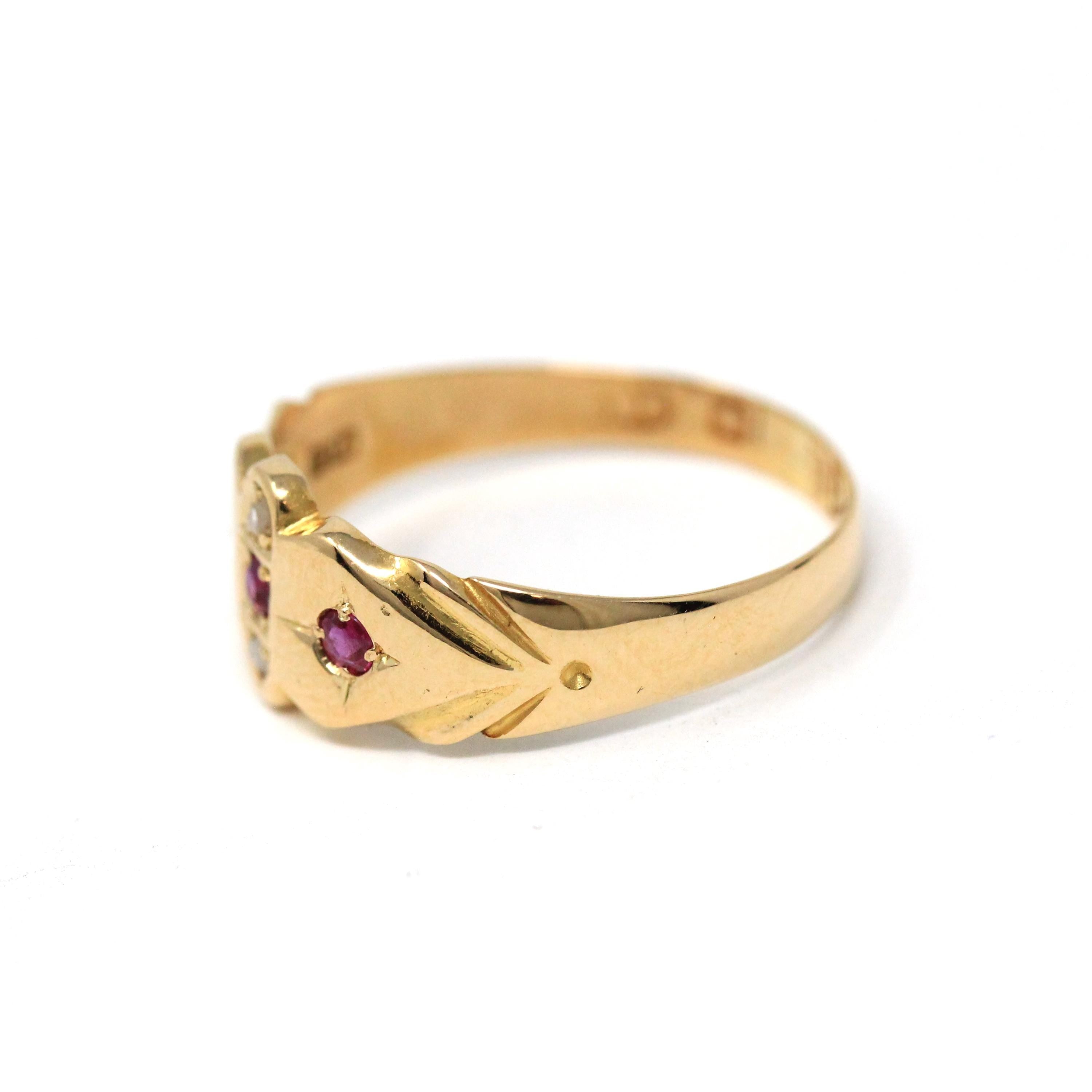 Antique Ruby & Diamond Band - Edwardian 18k Yellow Gold Natural Red White Gemstone Ring - Vintage English Hallmark 1900s Size 6 Fine Jewelry
