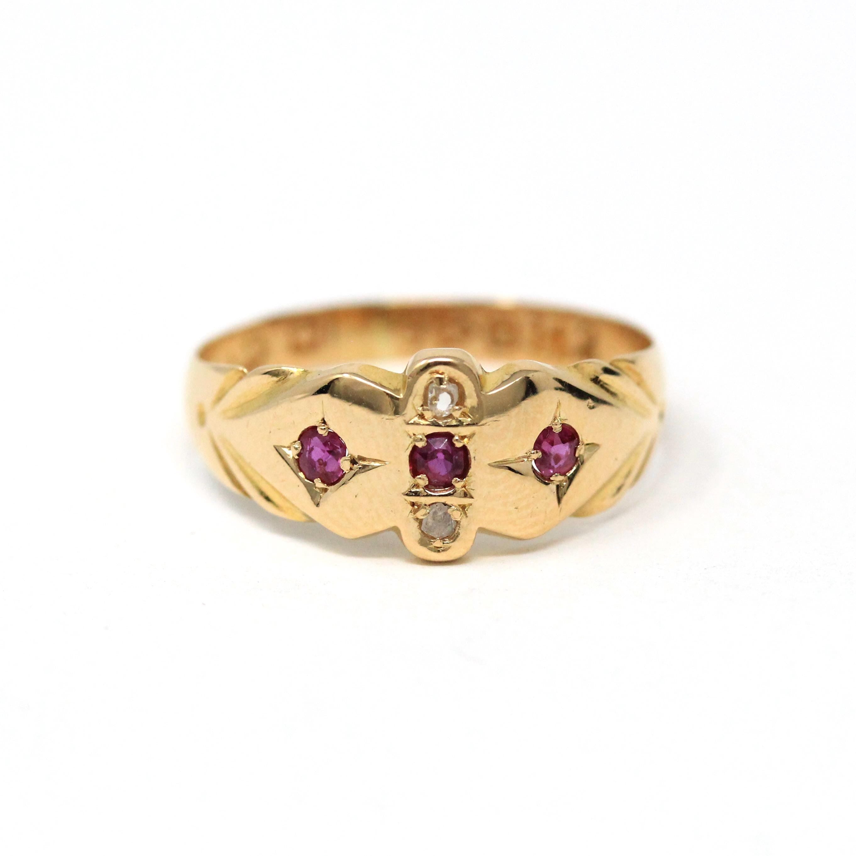 Antique Ruby & Diamond Band - Edwardian 18k Yellow Gold Natural Red White Gemstone Ring - Vintage English Hallmark 1900s Size 6 Fine Jewelry