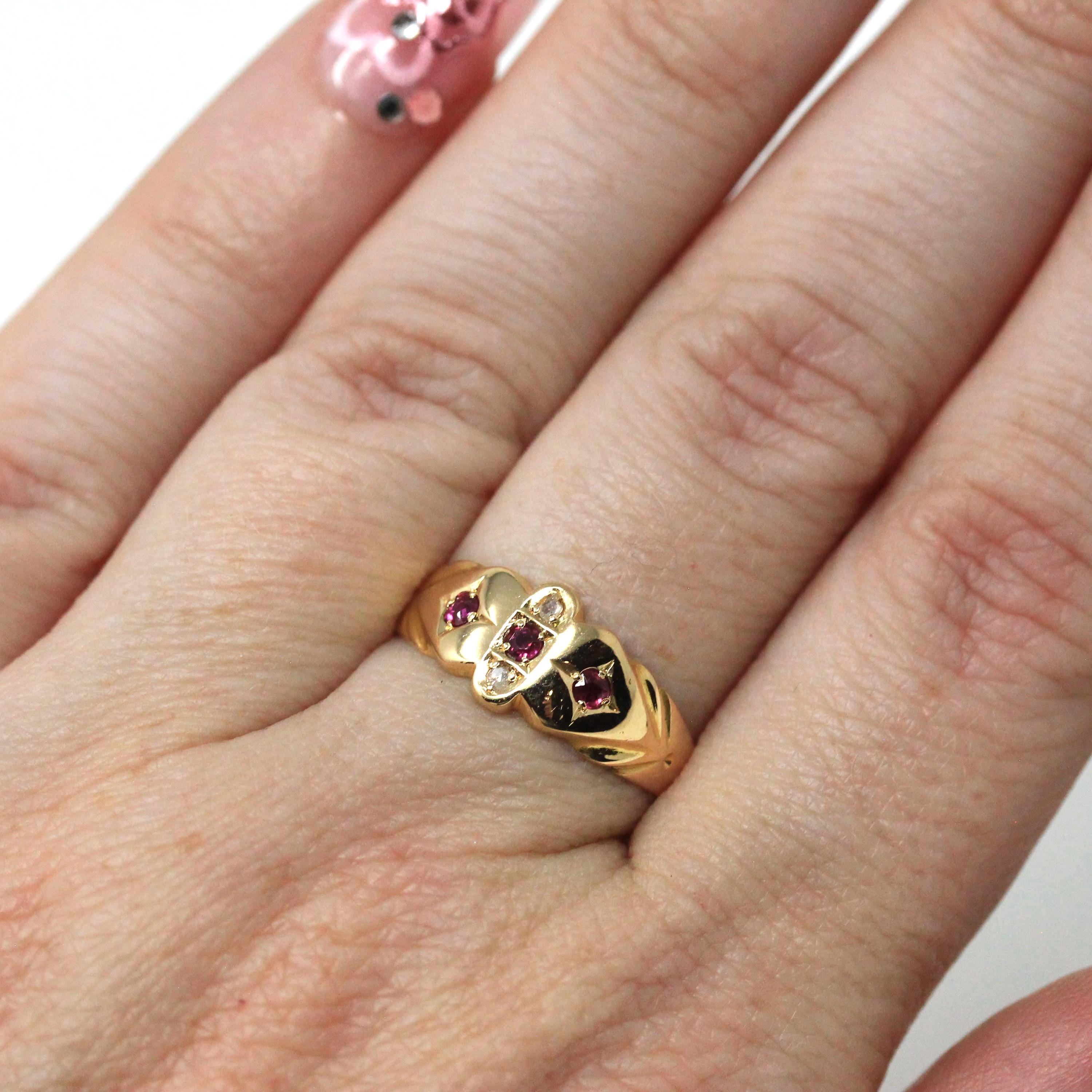 Antique Ruby & Diamond Band - Edwardian 18k Yellow Gold Natural Red White Gemstone Ring - Vintage English Hallmark 1900s Size 6 Fine Jewelry