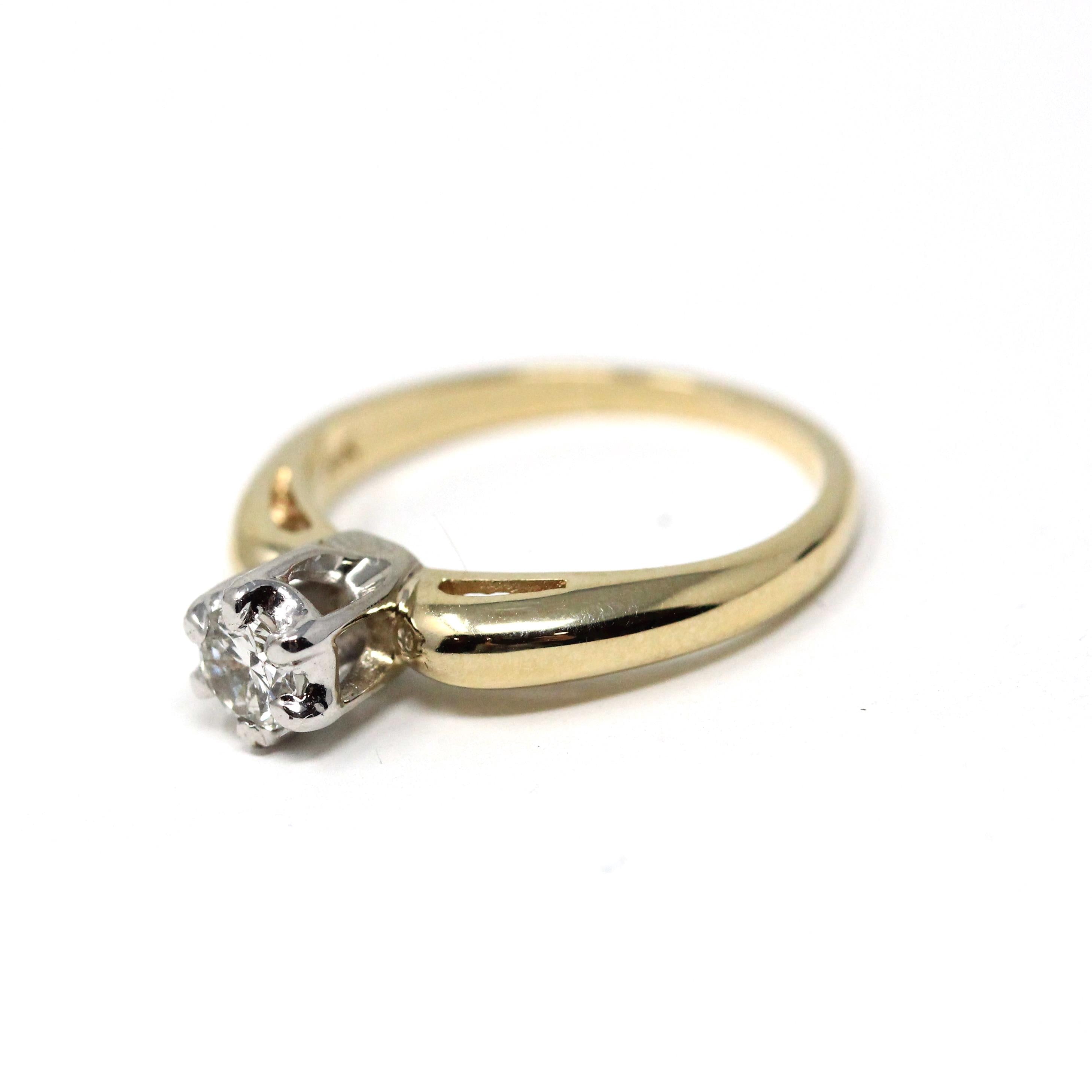 Diamond Solitaire Ring - Retro 14k Yellow & White Gold Natural .20 CT Gemstone - Vintage Circa 1960s Era Size 4.5 Fine Engagement Jewelry