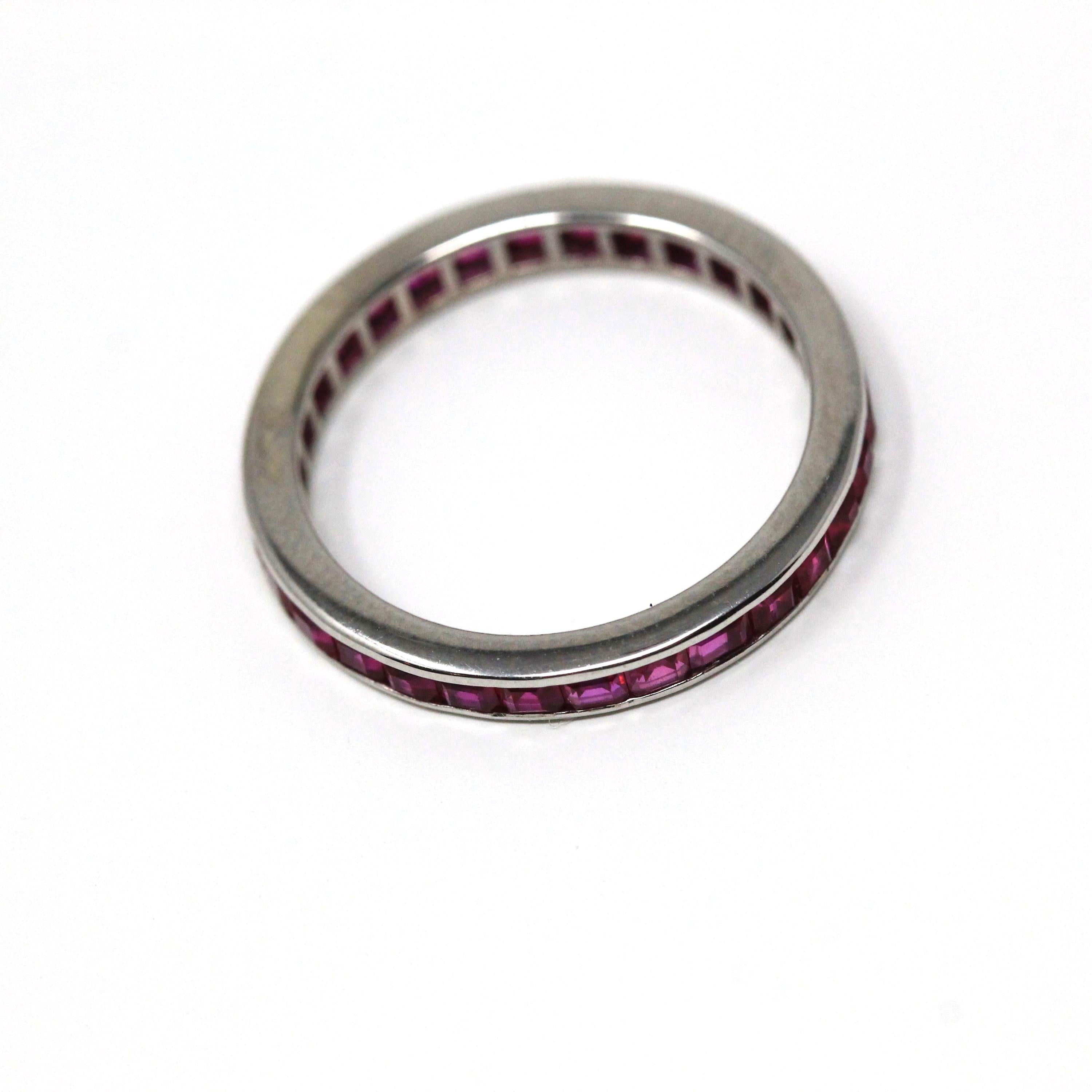 Eternity Gemstone Band - Modern 10k White Gold Created Red Gemstones Ring - Estate Size 6 1/4 Wedding Anniversary Fine Stacking Gems Jewelry