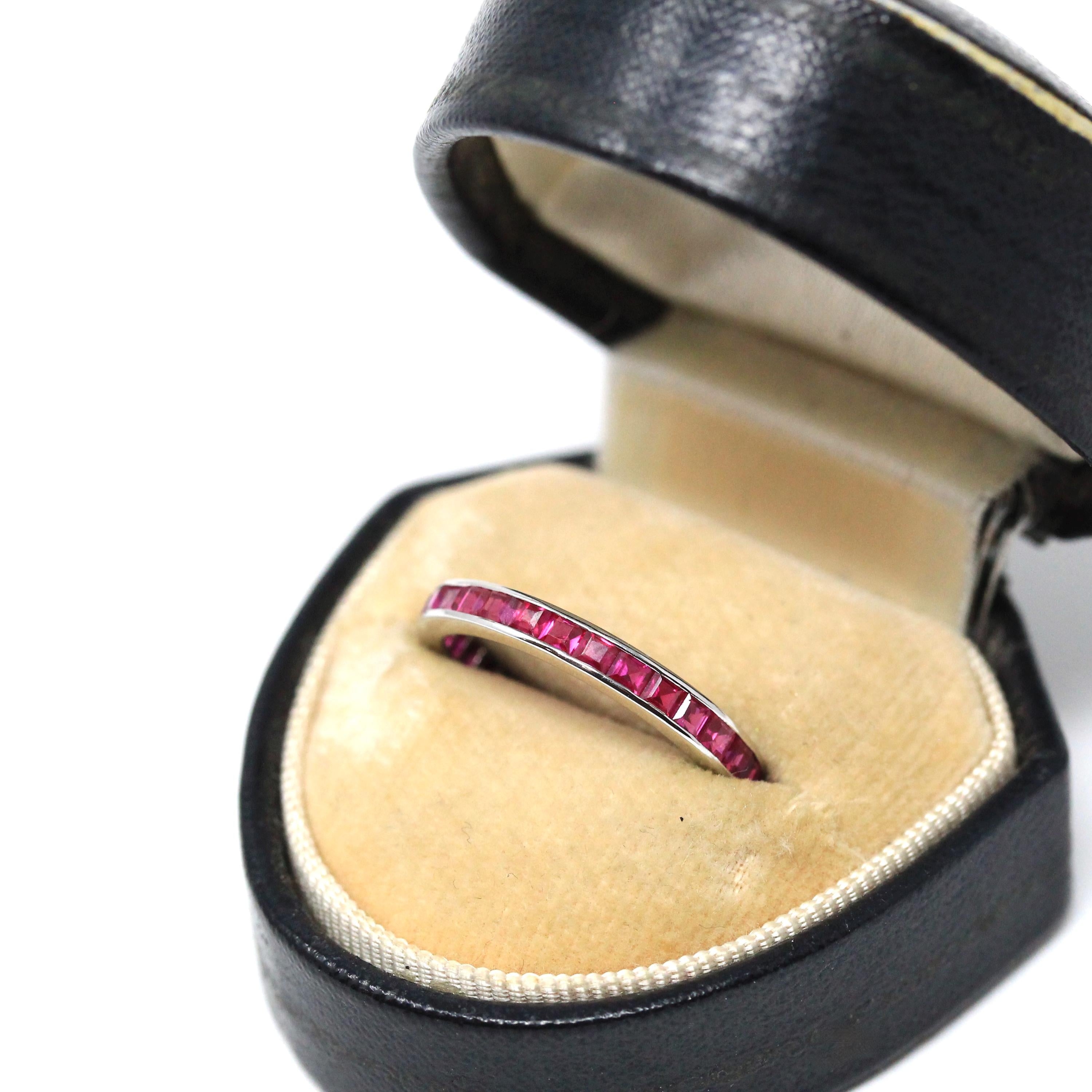 Eternity Gemstone Band - Modern 10k White Gold Created Red Gemstones Ring - Estate Size 6 1/4 Wedding Anniversary Fine Stacking Gems Jewelry