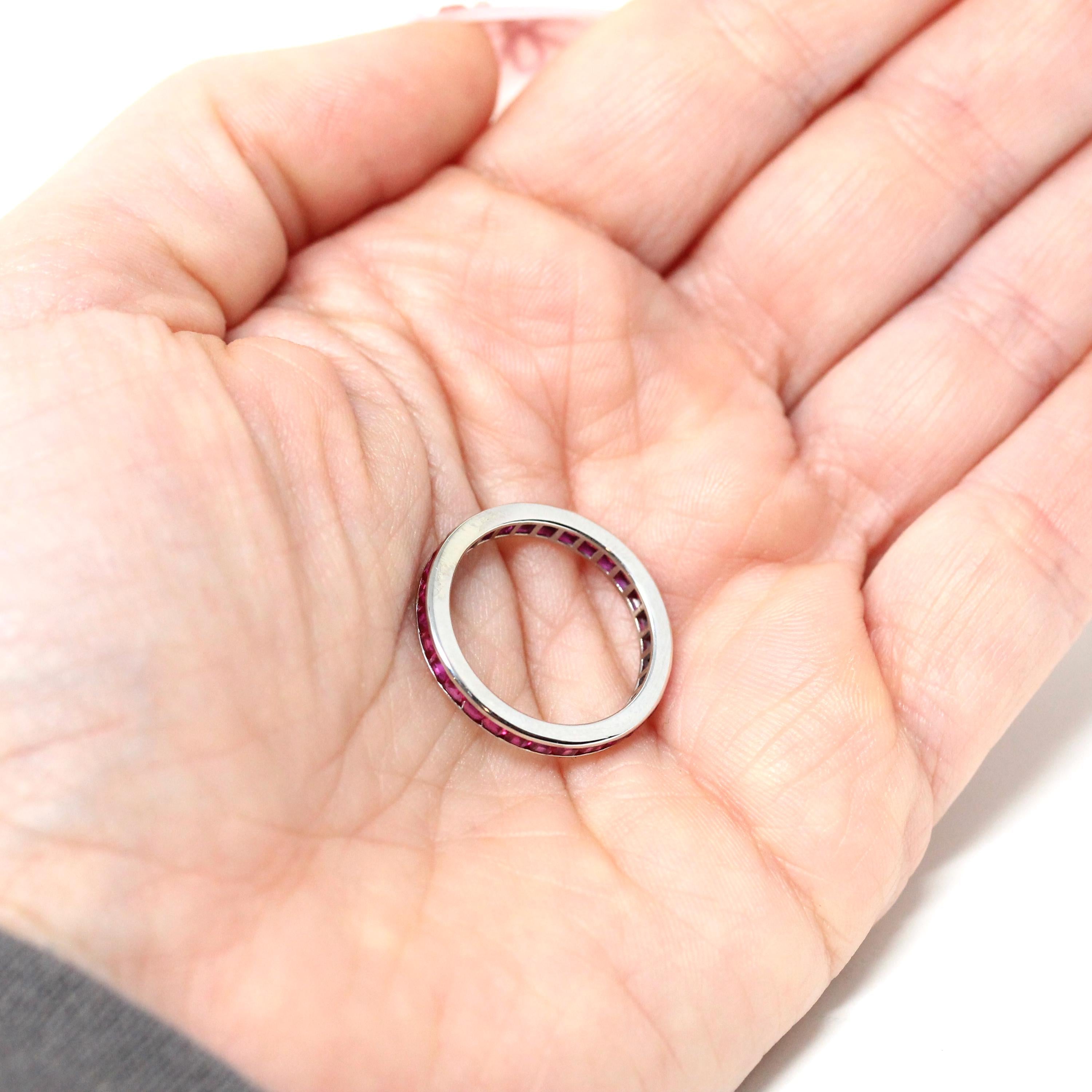 Eternity Gemstone Band - Modern 10k White Gold Created Red Gemstones Ring - Estate Size 6 1/4 Wedding Anniversary Fine Stacking Gems Jewelry