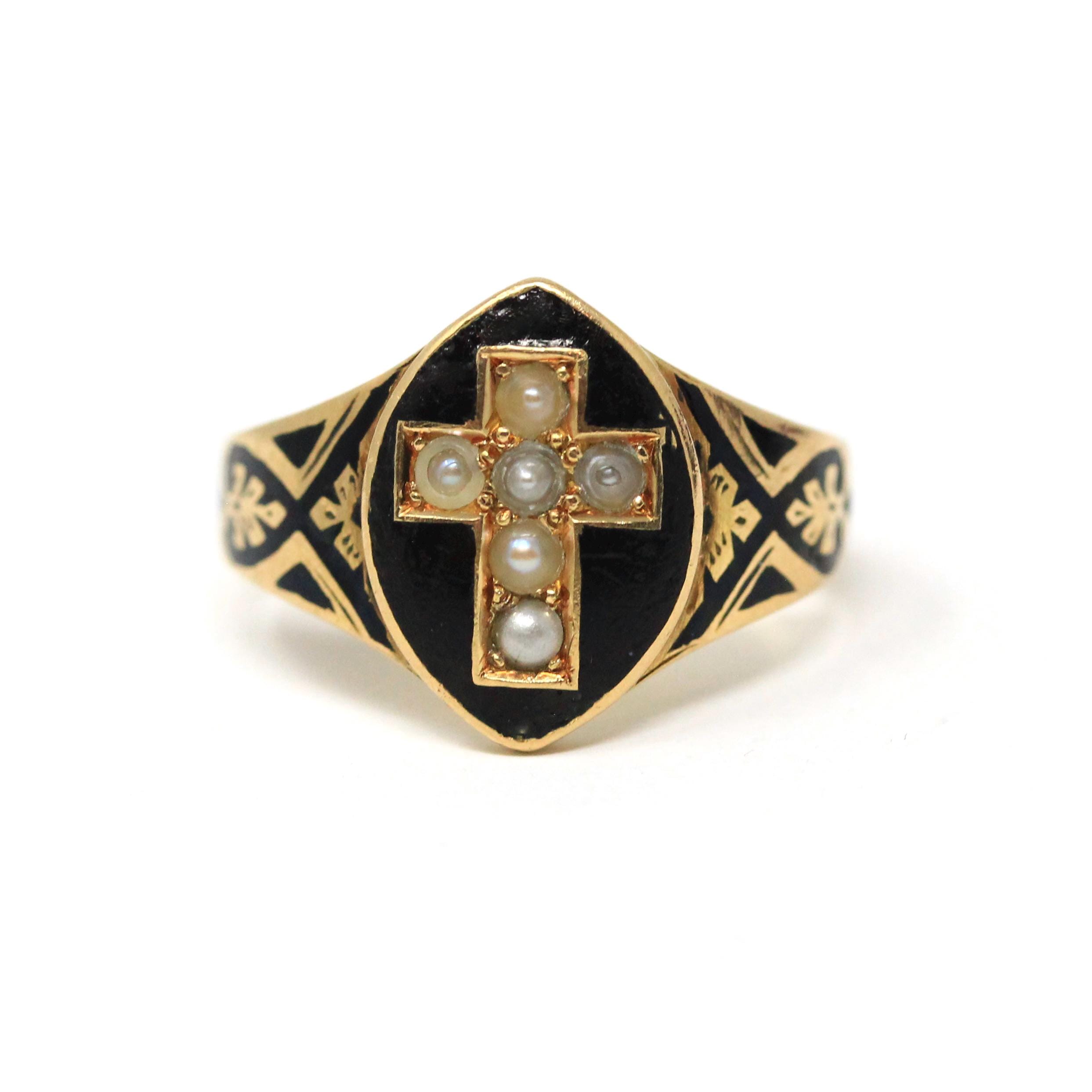 Victorian Cross Ring - Antique 18k Yellow Gold Seed Pearl Black Enamel Symbolic Statement - Vintage Circa 1880 Size 6 1/4 Fine Jewelry
