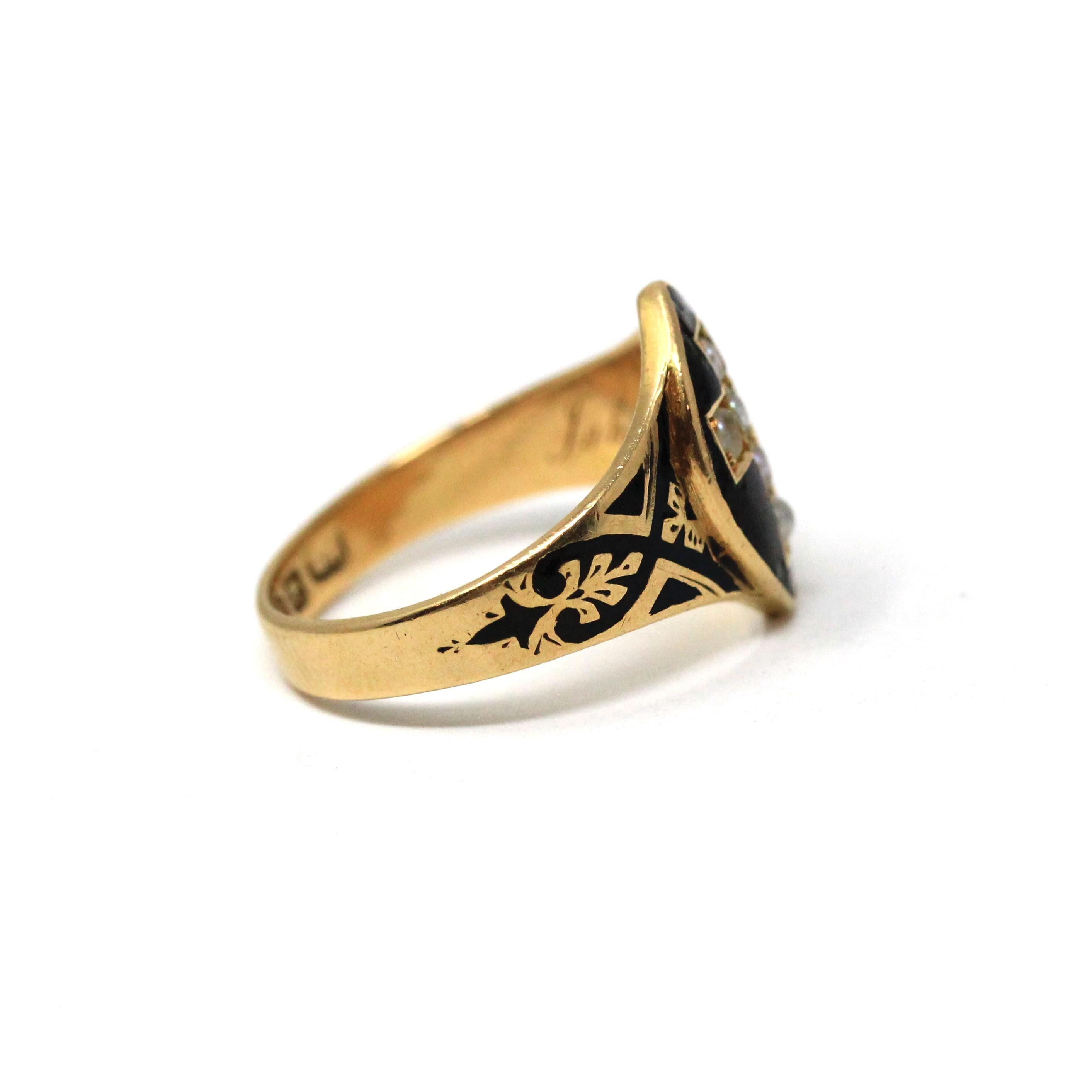 Victorian Cross Ring - Antique 18k Yellow Gold Seed Pearl Black Enamel Symbolic Statement - Vintage Circa 1880 Size 6 1/4 Fine Jewelry
