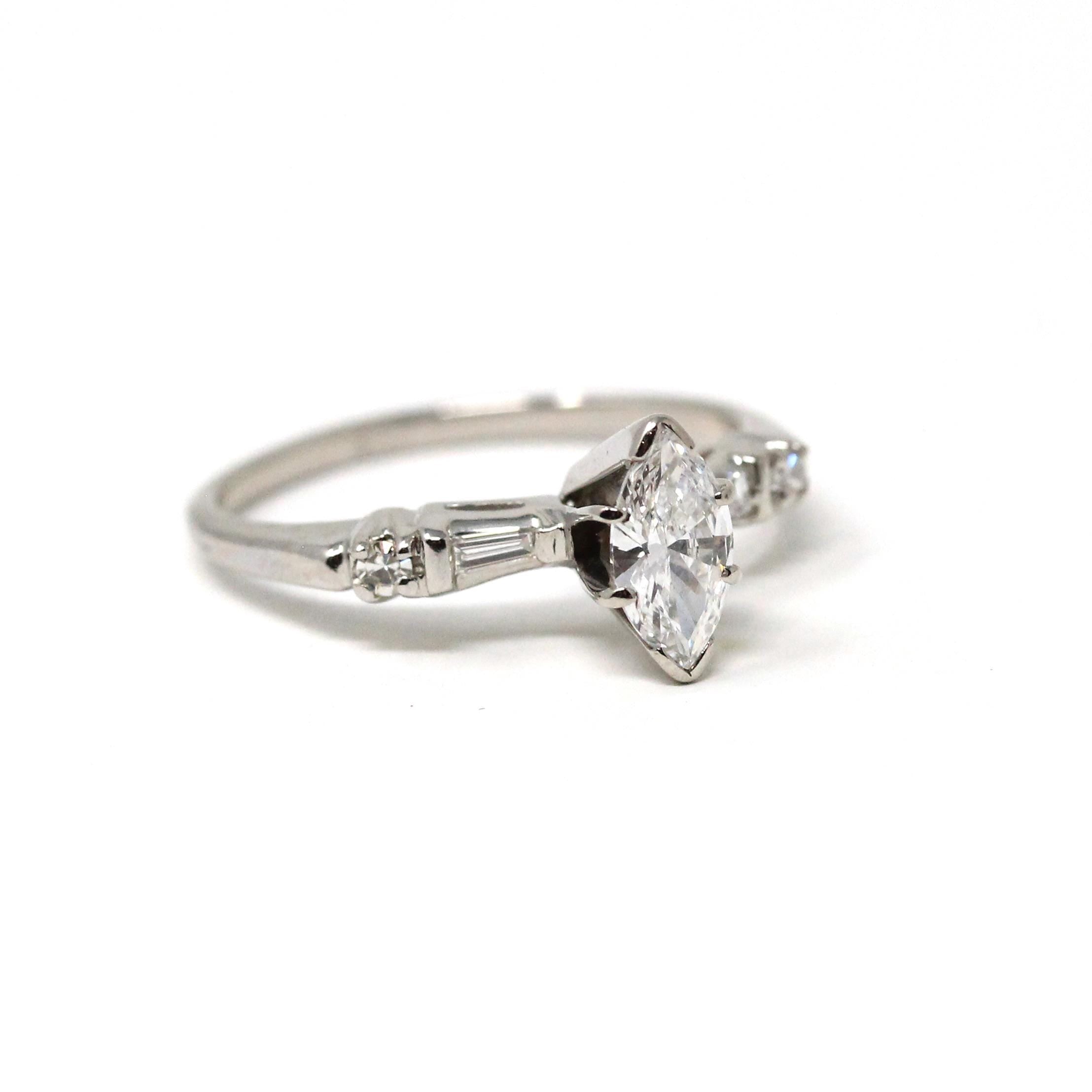 Marquise Diamond Engagement Ring - Mid Century 14k White Gold Natural Gemstones - Vintage Circa 1960s Size 6 Bridal Fine Jewelry W/ Report
