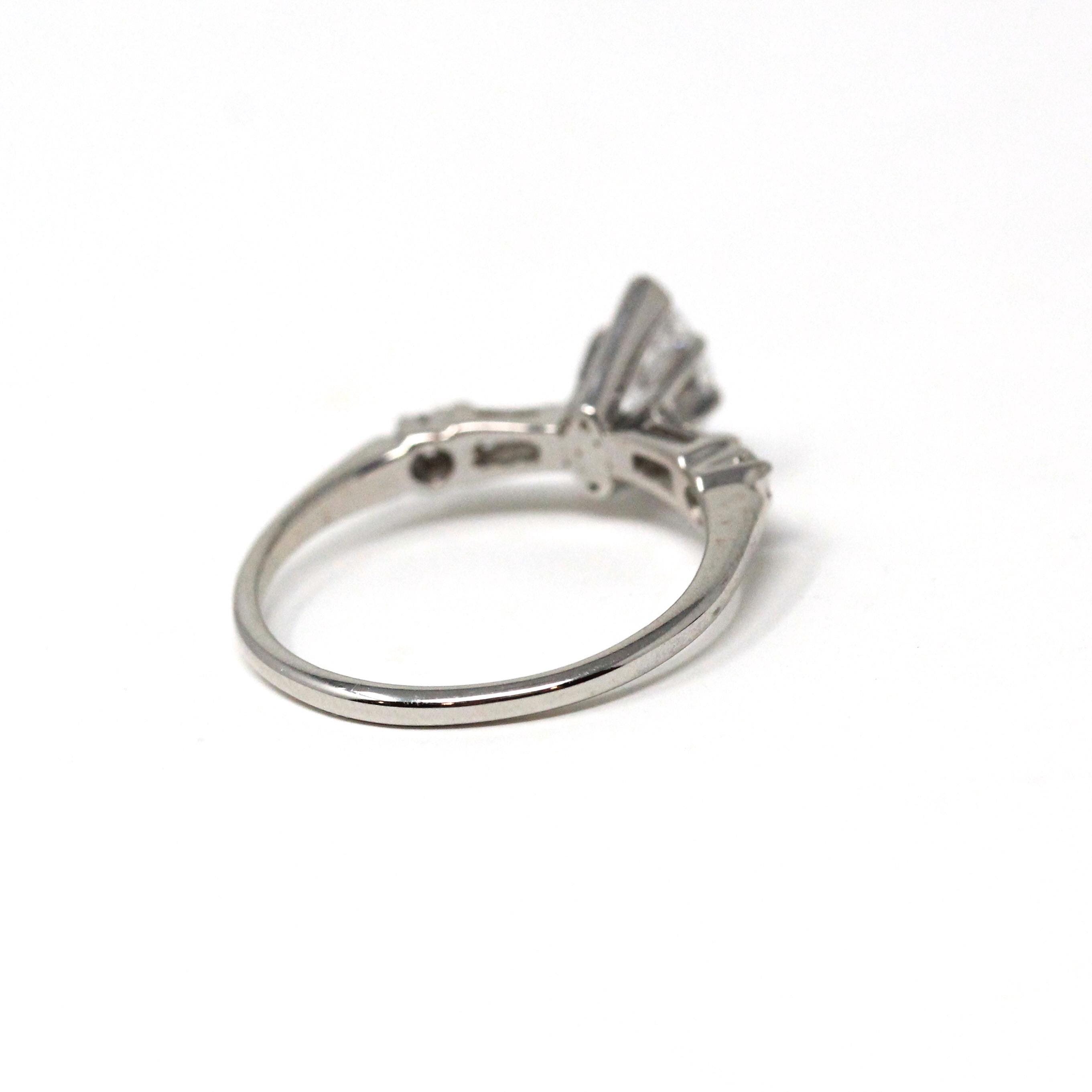 Marquise Diamond Engagement Ring - Mid Century 14k White Gold Natural Gemstones - Vintage Circa 1960s Size 6 Bridal Fine Jewelry W/ Report