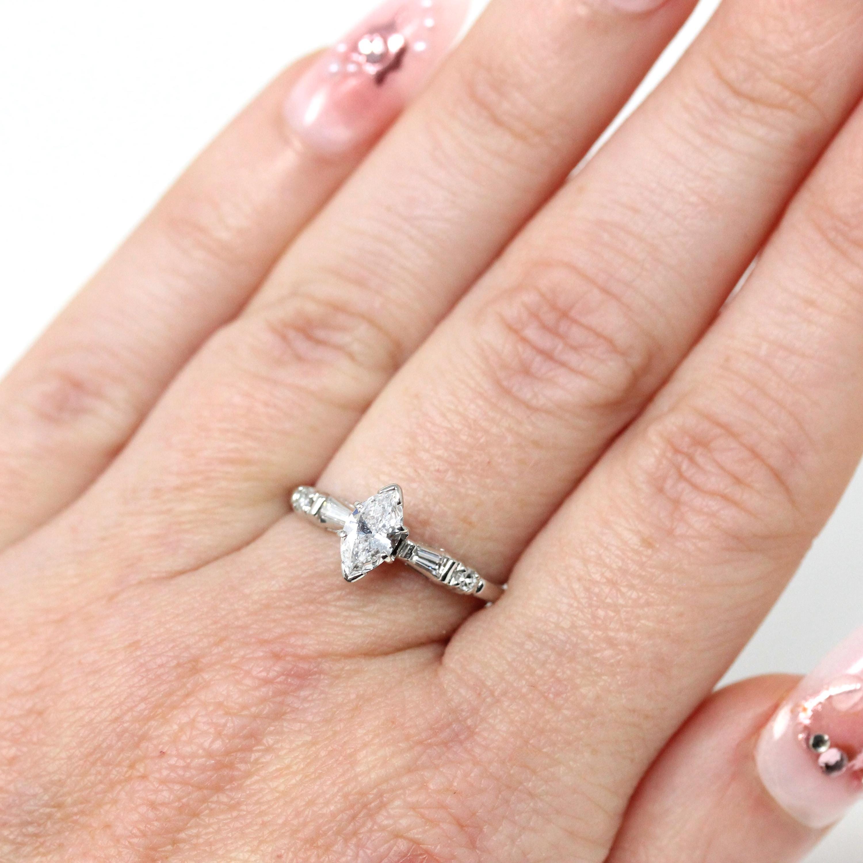 Marquise Diamond Engagement Ring - Mid Century 14k White Gold Natural Gemstones - Vintage Circa 1960s Size 6 Bridal Fine Jewelry W/ Report