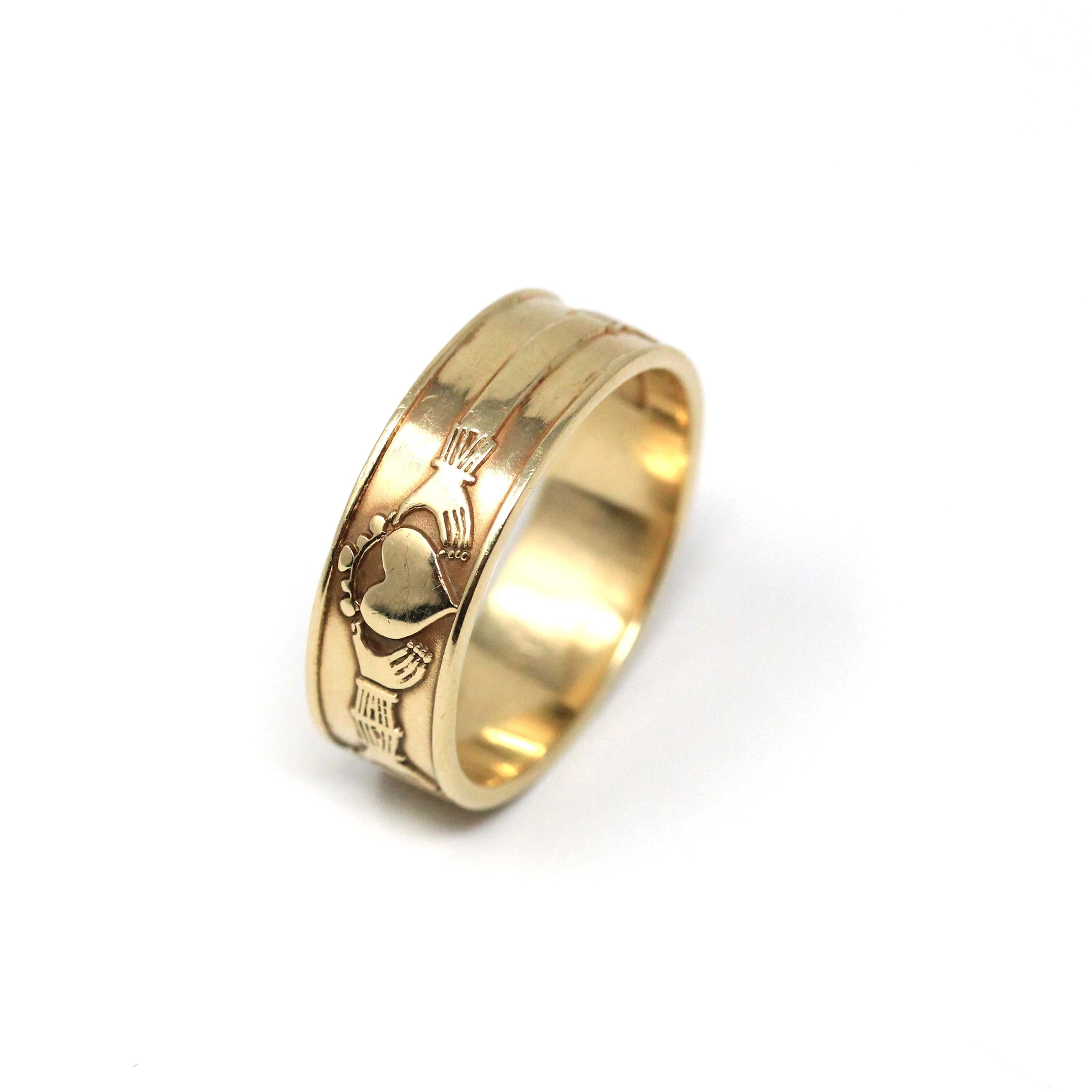 Claddagh Cigar Band - Modern 10k Yellow Gold Heart Clasped Hand Crown - Estate Size 10 Men's Unisex Friendship Love Loyalty Irish Jewelry