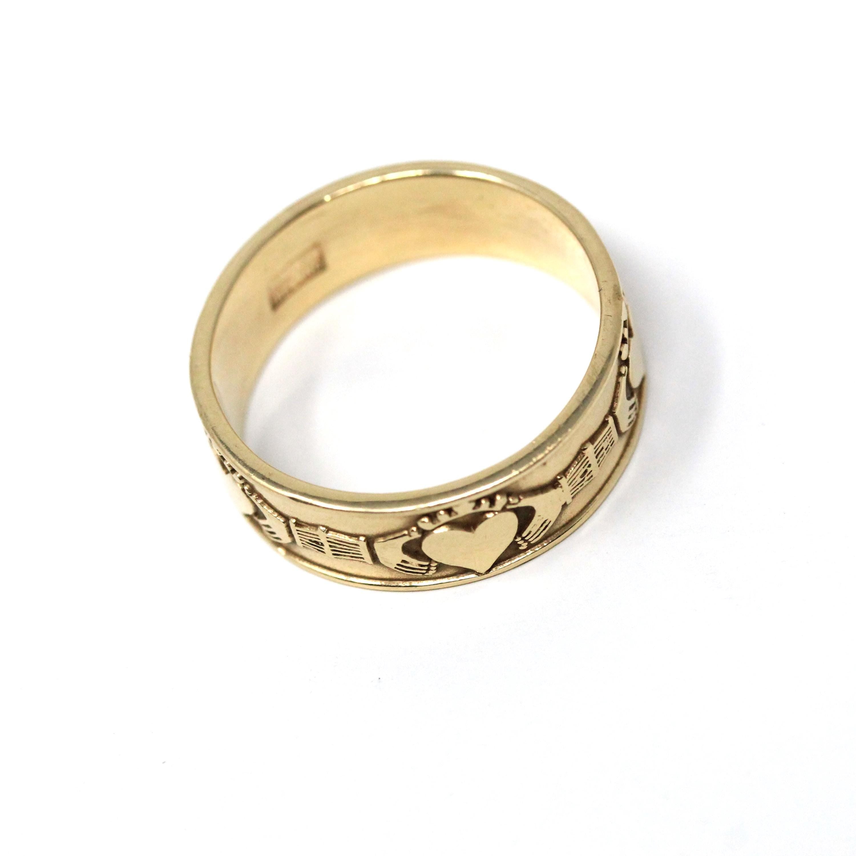 Claddagh Cigar Band - Modern 10k Yellow Gold Heart Clasped Hand Crown - Estate Size 10 Men's Unisex Friendship Love Loyalty Irish Jewelry