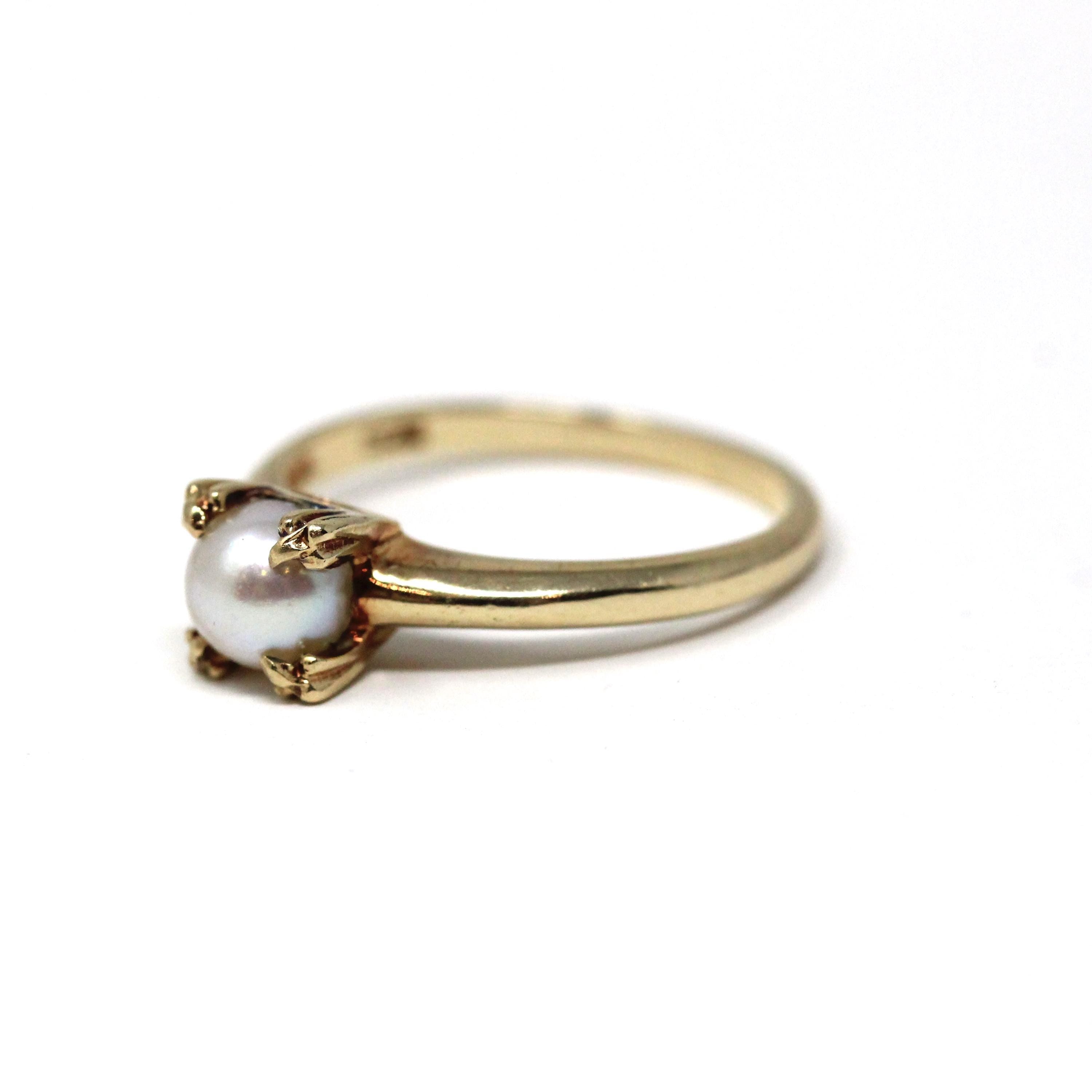Vintage Cultured Pearl Ring - Mid Century 10k Yellow Gold Round White Gemstone Solitaire - Circa 1950s Size 6 June Birthstone Fine Jewelry