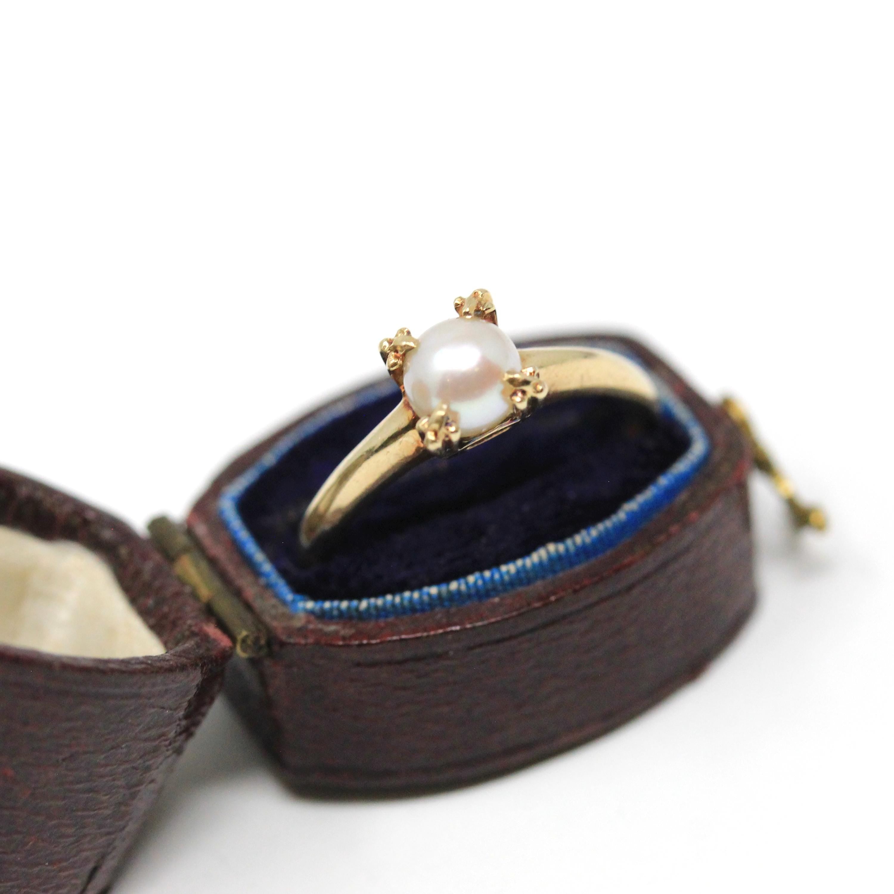 Vintage Cultured Pearl Ring - Mid Century 10k Yellow Gold Round White Gemstone Solitaire - Circa 1950s Size 6 June Birthstone Fine Jewelry