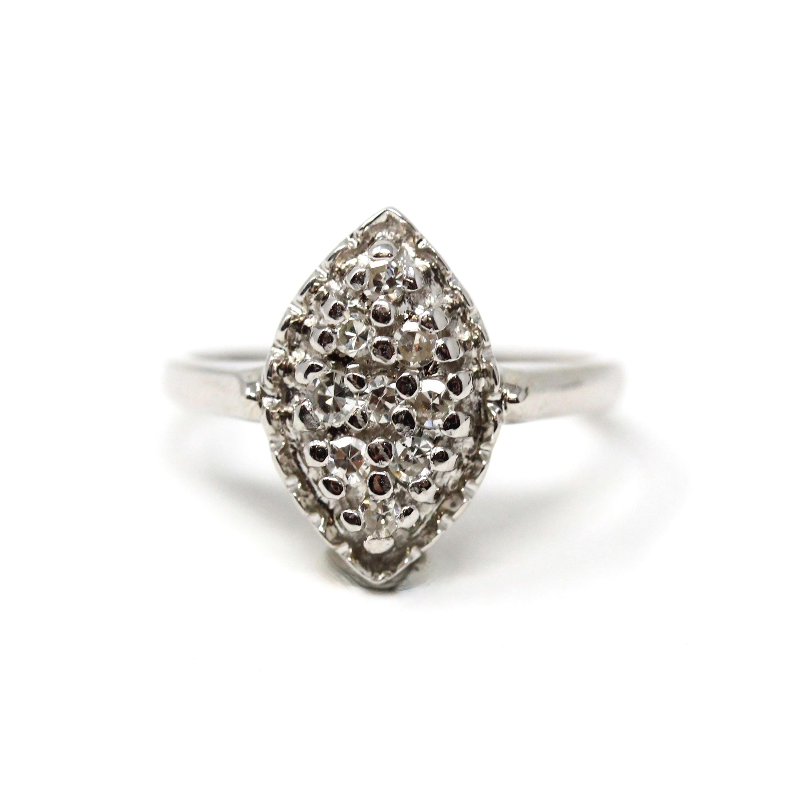 Diamond Navette Ring - Mid Century 14k White Gold .25 CTW Natural Gemstone Shield - Vintage 1950s Size 6 Fine Engagement Bridal Jewelry