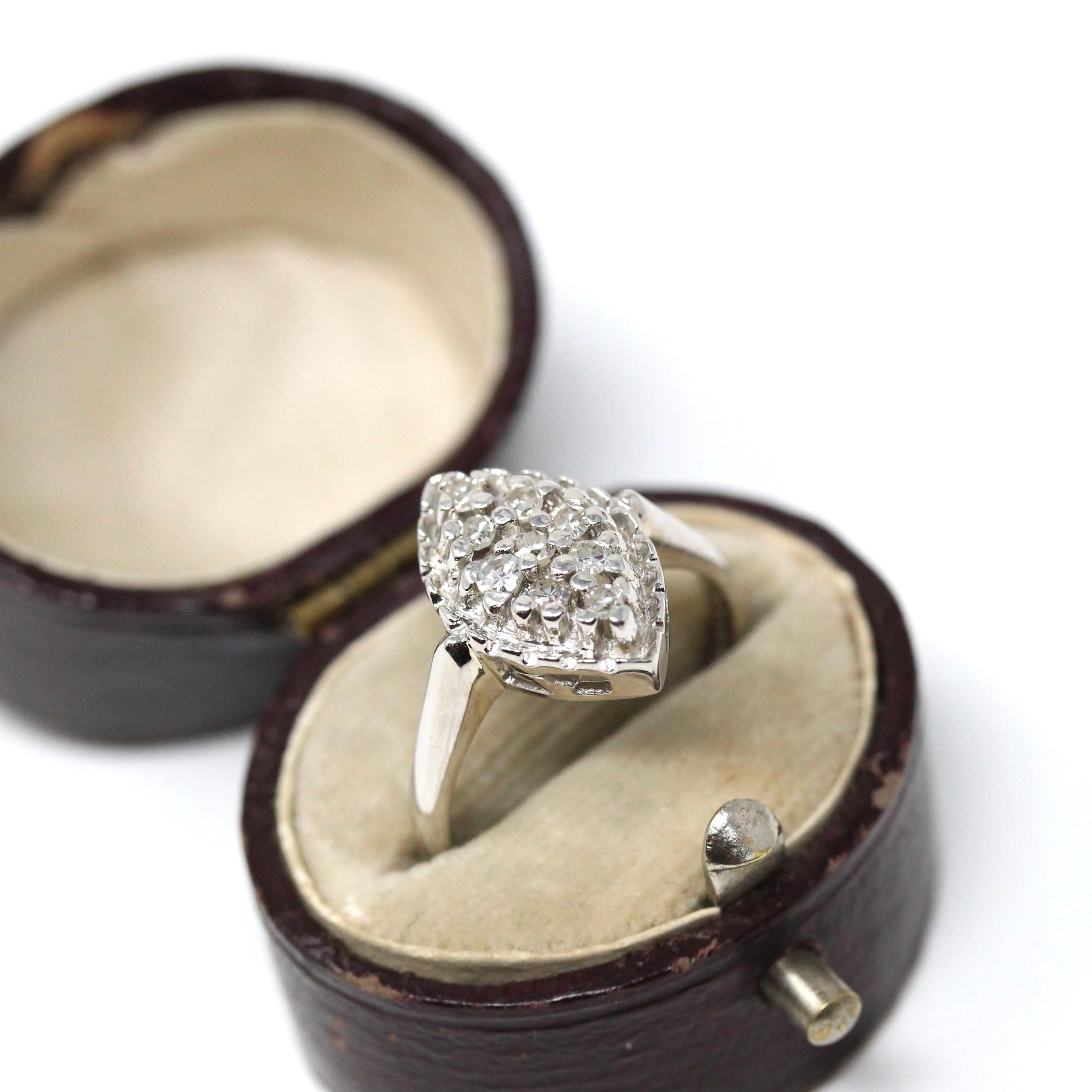 Diamond Navette Ring - Mid Century 14k White Gold .25 CTW Natural Gemstone Shield - Vintage 1950s Size 6 Fine Engagement Bridal Jewelry